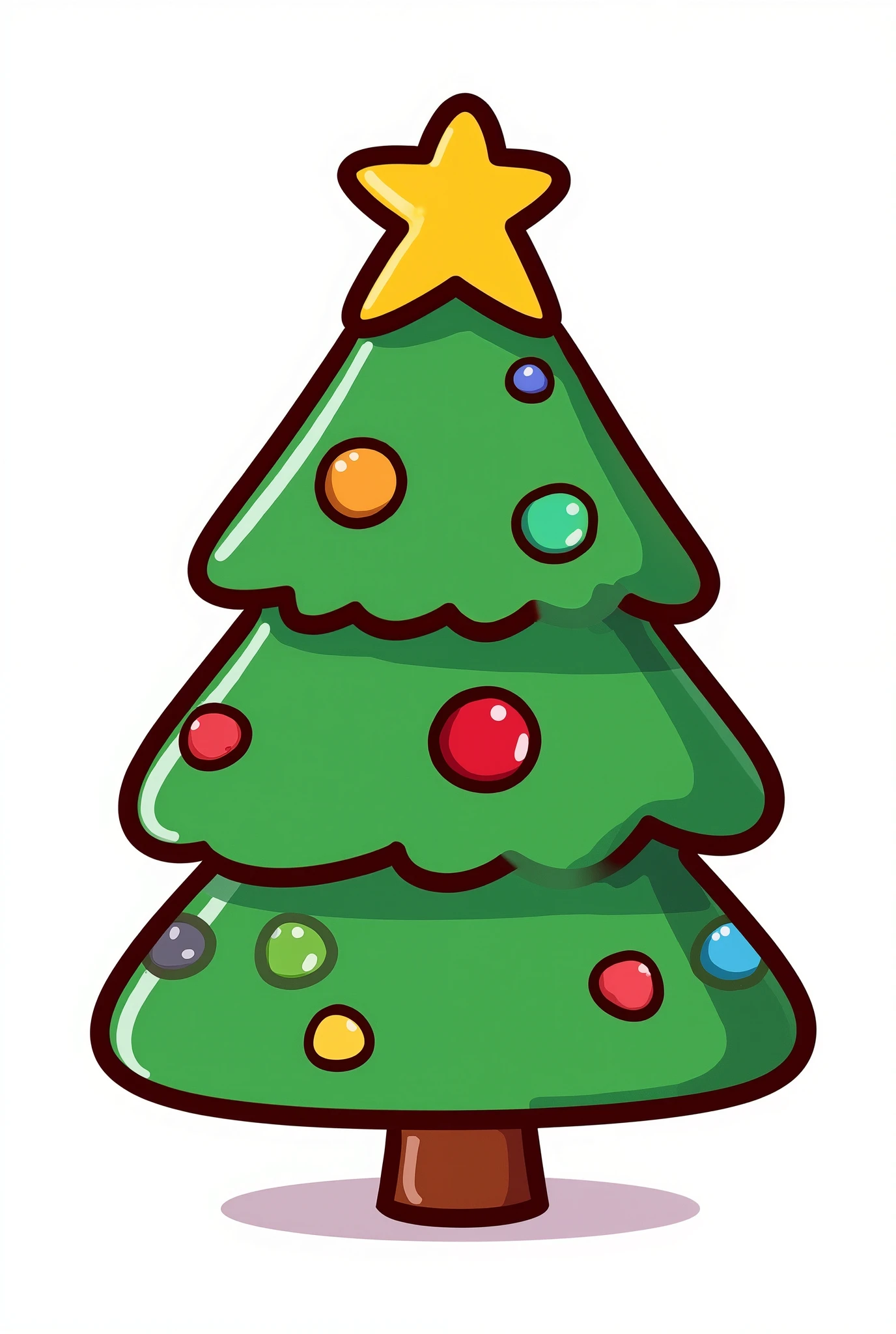 a single Christmas tree cartoon style for Christmas card, with thick black outlined line, Bright colors, solid green pine with decorations, Chibi style