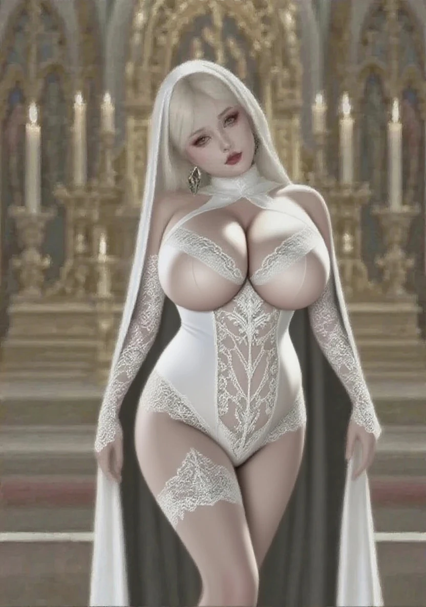 (Stunning girl), best quality, ultra high res, (photorealistic:1.4), revealing ??????????? church dress, black choker, (faded ash white hair:1), (????????????????, ?????????????, ????????????:1.4), droopy ???????, thick thighs, wide ????, looking at viewer, close up, church