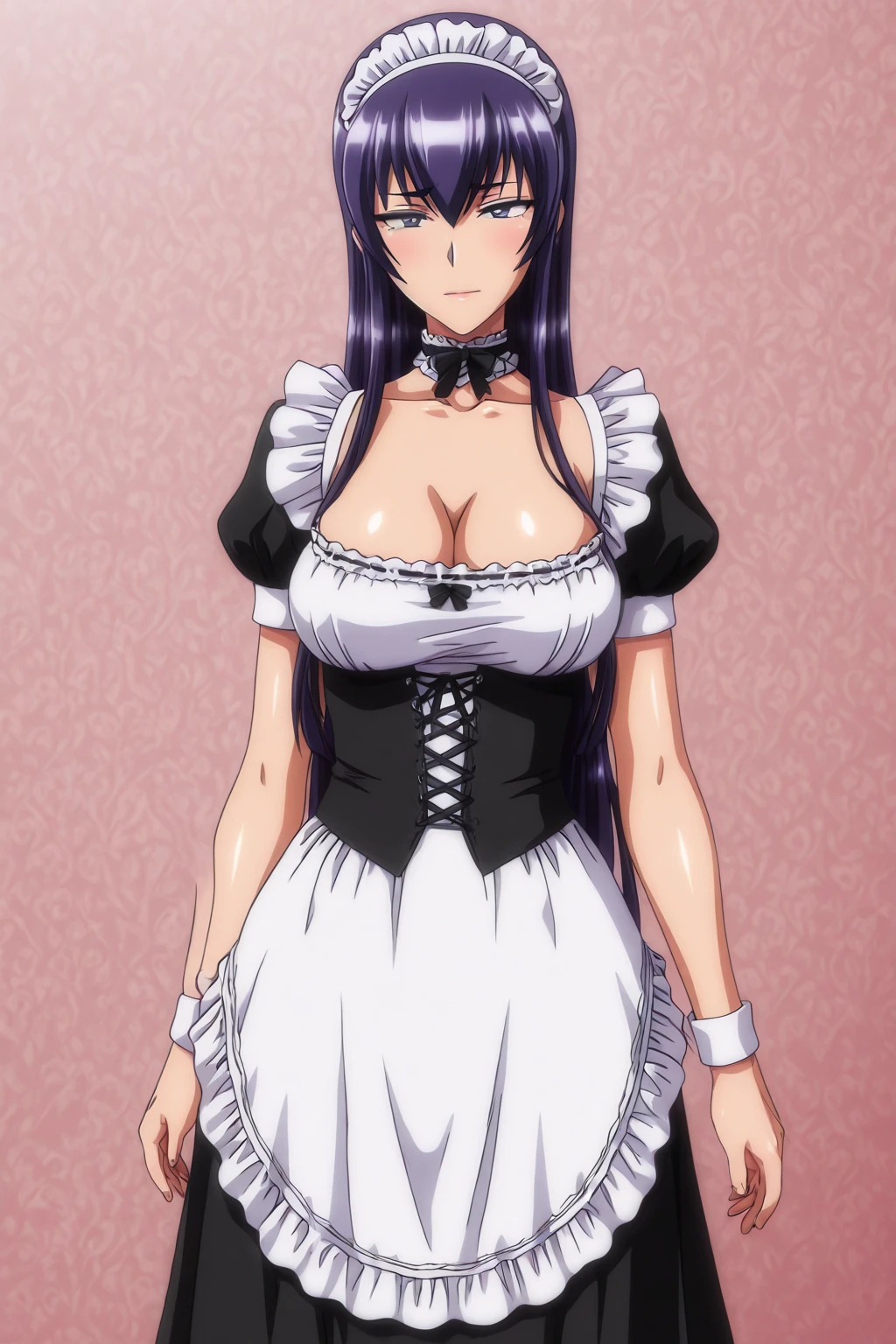 rifa,1 girl,(紫colorのeye, 紫colorの髪),bangs,Long Hair,(Maid, Maid headdress, Maid apron, Off the shoulder, Frills, Black neck ribbon,(Covered ), Long sleeve, hair ornaments), 
20 years,young woman,beautiful long legs,beautiful body,
beautiful Nose,beautiful character design, perfect eye, perfect face,expressive eye,Perfect balance,
View your viewers,(Focus on her face), (Innocent_big_eye:1.0),
Anime art style,Dynamic Angle,Official Art,Very detailed CG ユニティ 8k 壁紙, Perfect lighting,colorful, bright_front_face_Lighting,White skin,
(masterpiece:1.0),(Highest_quality:1.0), 超High resolution,4K,Very detailed,
photograph, 8k, High resolution, High resolution, (Absurd:1.2), Kodak Portrait 400, Film Grain,  Lens flare, (Vibrant_color:1.2),プロのphotograph,
(beautiful_Big :1.4), (beautiful_face:1.5),(narrow_Waist),