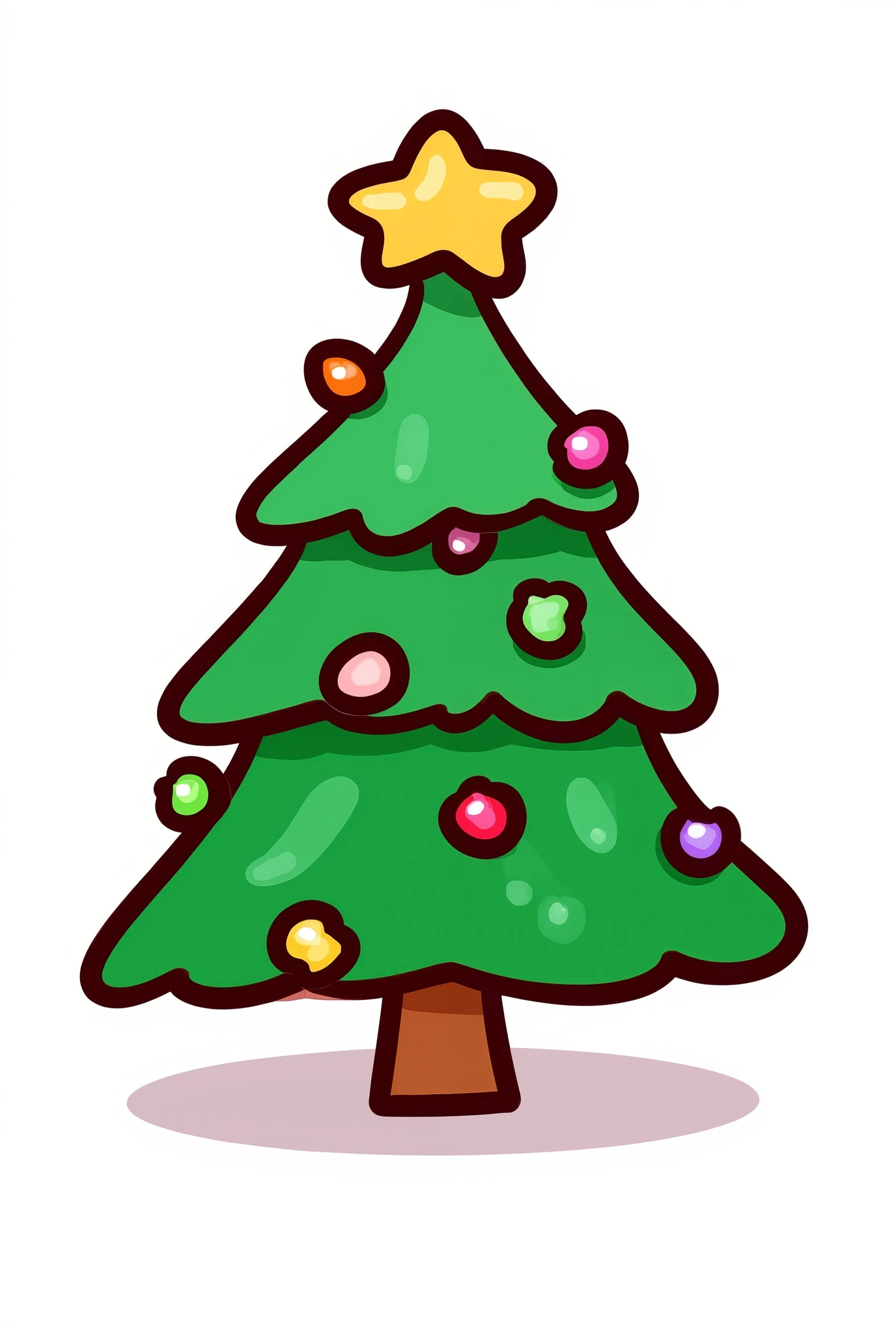 a single Christmas tree cartoon style for Christmas card, with thick black outlined line, Bright colors, solid green pine with decorations, Chibi style