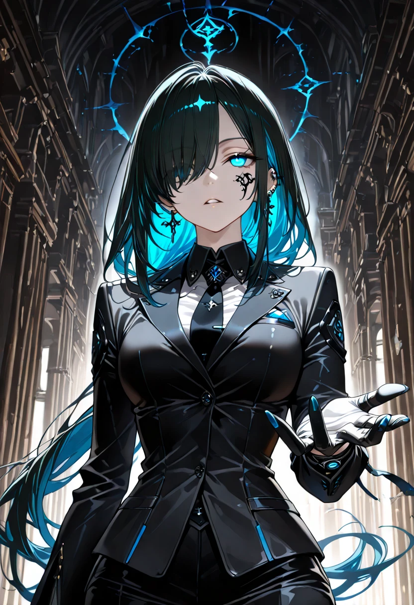 anime girl, beautiful, long black hair, blue eyes, slender, high ,