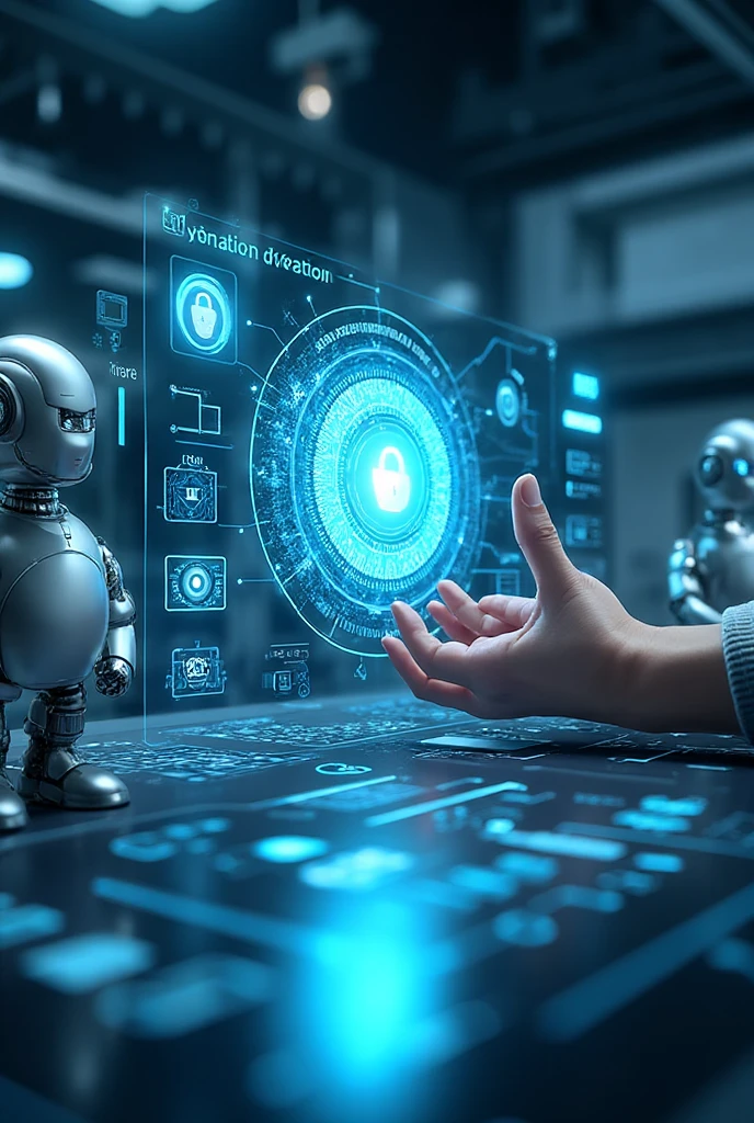 Robot Workspace Visualization A futuristic workspace with advanced AI tools, featuring a holographic ...