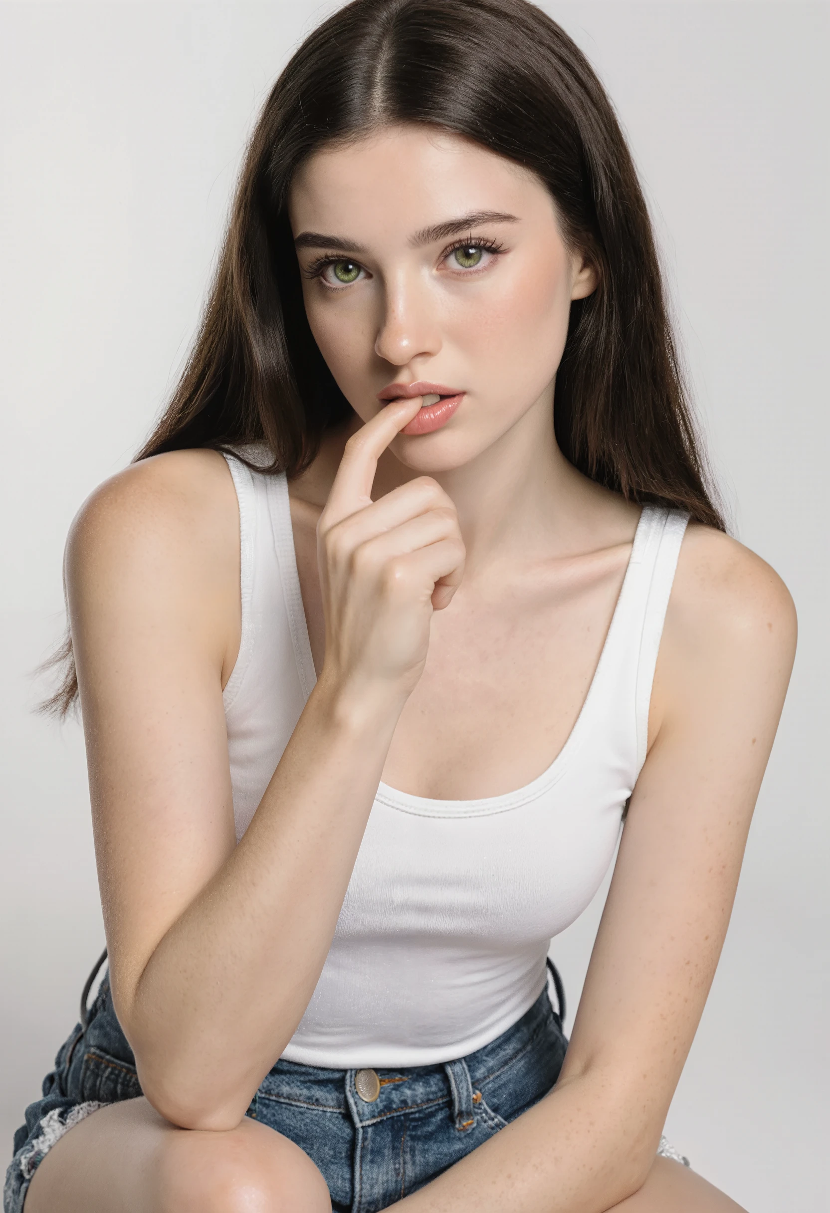 masterpiece、Highest Quality、Super Detailed、Newest、4K、Highly Detailed and Dramatic Digital Art、動態角度Highly Detailed and Dramatic Digital Art,Characteristics of one girl,pretty face of a 22-year-old girl、 clean skin 、 shiny hair 、green eyes、Makeup、head、Dutch Cape、Low Lips、She's Biting Her finger, She wears a sleeveless white vest and denim shorts。