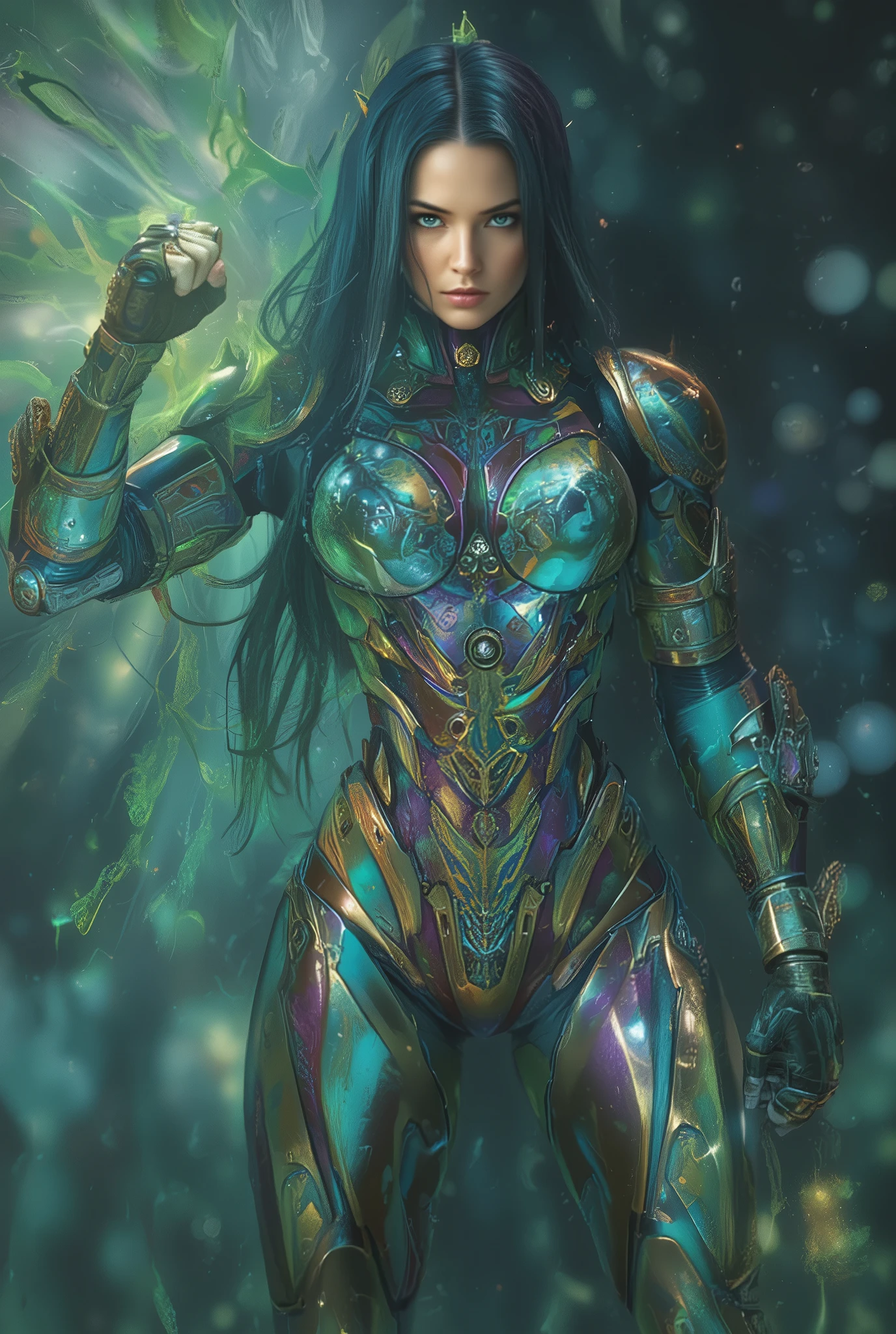 Masterpiece:1.2), best quality, high resolution, Unity 8K Wallpaper, (super real illustration:1.0), Beautiful Details, very detailed on trends, perfect lighting, neon colored, very detailed on trends CG, Shine eyes, backlit, armor, Shine, full_armor, warframe, stunning humanoid_robot lady, tall, (Martial arts fighting pose:1.5), mask ,sample_background, arms, scary monsters, iridescent cian and shiny golden and matt black_armor, Audience, alone, perspective, Anatomical accuracy, bold composition, cool fighting pose, Burning Fist, green fire, Exudes an aura