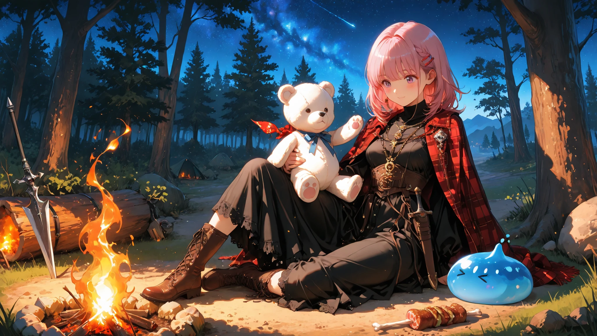 Super Detailed Depiction, Vivid Details, Perfect resolution, Yoshizuki iori, pink hair, Braided Hair, Ribbons Hair Accessories, cute hairpins, Delicate Necklace, small earrings, Iron Mace, Practical Adventurer's Belt, Gear with Multiple Pouches, Durable Leather Boots with Ribbons, Plaid Cloak, Practical Short Spear Held in the Right Hand, Sharp Spear Tip and Decorated Handle, Exquisitely Carved Spear Scabbard, Dagger hanging from the waist, Sharp Blade in a Scabbard, White Teddy Bear with a Ribbon Peeking Out of a Backpack, Village Exit where the sun shines in, Road Wrapped in Morning Mist, Adventure Path Seen in the Distance, sunrise sky, Feeling of elation of departure, expression full of anticipation, prairie wet with morning dew, A Scene Showing the Beginning of a New Adventure