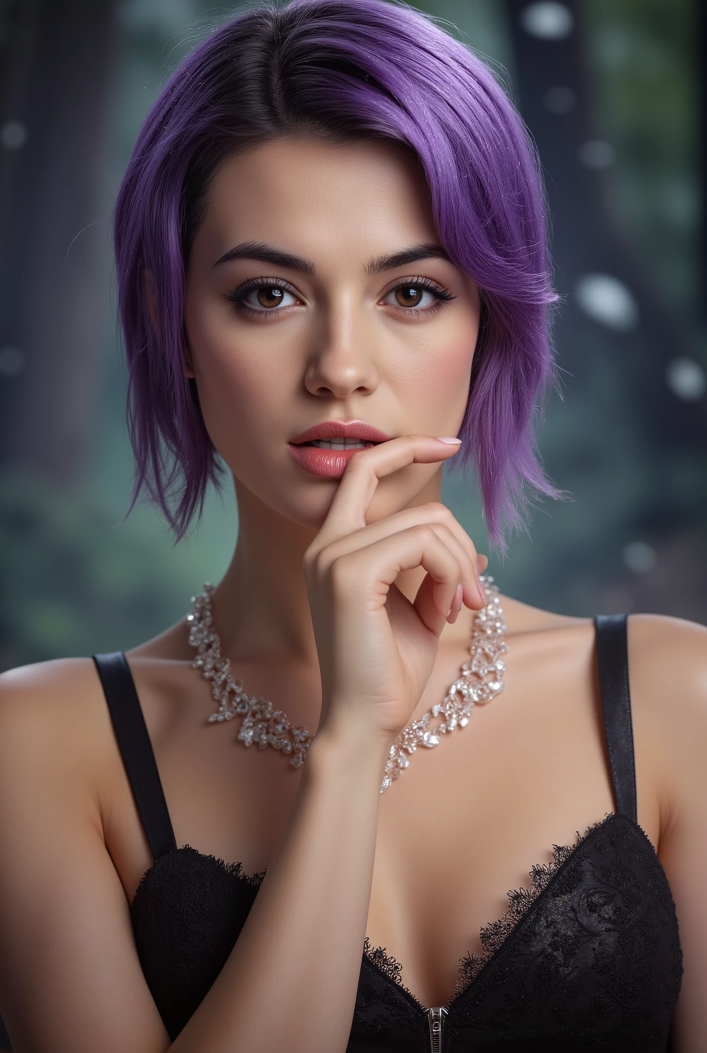 masterpiece,Highest Quality,very detailed,,1girl, She's Biting Her finger, Seraphina_tailor,short purple hair,Sharp Cheekbones ,Tan skin ,beauiful boobs,detailed facial features,realistic skin texture,Classy expression ,Confident Postures,mystical background,Fantasy Forest Environments ,Shining Magical Aura,warm lighting,Digital Painting,4K,8k,high resolution,PHOTOREALISTIC,Physically Based Rendering,Brilliant Colors,Dramatic Lighting