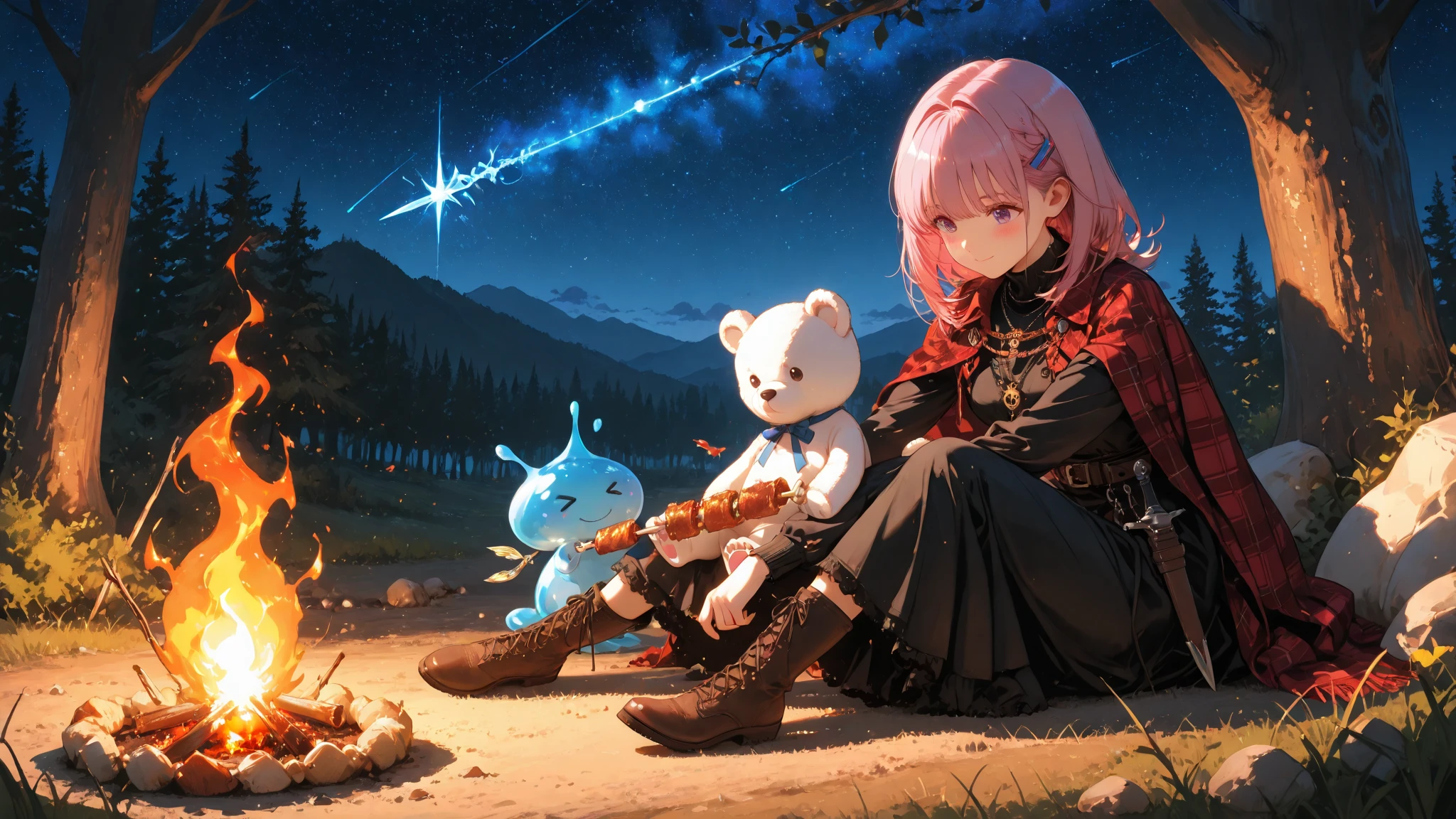 Super Detailed Depiction, Vivid Details, Perfect resolution, Yoshizuki iori, pink hair, Braided Hair, Ribbons Hair Accessories, cute hairpins, Delicate Necklace, small earrings, Iron Mace, Practical Adventurer's Belt, Gear with Multiple Pouches, Durable Leather Boots with Ribbons, Plaid Cloak, Practical Short Spear Held in the Right Hand, Sharp Spear Tip and Decorated Handle, Exquisitely Carved Spear Scabbard, Dagger hanging from the waist, Sharp Blade in a Scabbard, White Teddy Bear with a Ribbon Peeking Out of a Backpack, Village Exit where the sun shines in, Road Wrapped in Morning Mist, Adventure Path Seen in the Distance, sunrise sky, Feeling of elation of departure, expression full of anticipation, prairie wet with morning dew, A Scene Showing the Beginning of a New Adventure
