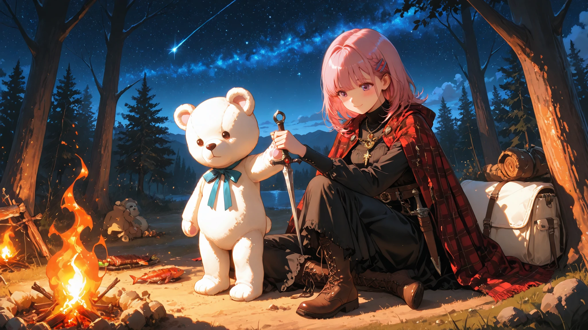Super Detailed Depiction, Vivid Details, Perfect resolution, Yoshizuki iori, pink hair, Braided Hair, Ribbons Hair Accessories, cute hairpins, Delicate Necklace, small earrings, Iron Mace, Practical Adventurer's Belt, Gear with Multiple Pouches, Durable Leather Boots with Ribbons, Plaid Cloak, Practical Short Spear Held in the Right Hand, Sharp Spear Tip and Decorated Handle, Exquisitely Carved Spear Scabbard, Dagger hanging from the waist, Sharp Blade in a Scabbard, White Teddy Bear with a Ribbon Peeking Out of a Backpack, Village Exit where the sun shines in, Road Wrapped in Morning Mist, Adventure Path Seen in the Distance, sunrise sky, Feeling of elation of departure, expression full of anticipation, prairie wet with morning dew, A Scene Showing the Beginning of a New Adventure