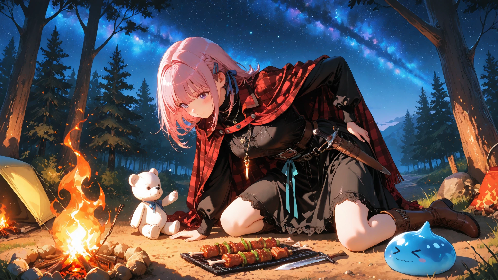 Super Detailed Depiction, Vivid Details, Perfect resolution, Yoshizuki iori, pink hair, Braided Hair, Ribbons Hair Accessories, cute hairpins, Delicate Necklace, small earrings, Iron Mace, Practical Adventurer's Belt, Gear with Multiple Pouches, Durable Leather Boots with Ribbons, Plaid Cloak, Practical Short Spear Held in the Right Hand, Sharp Spear Tip and Decorated Handle, Exquisitely Carved Spear Scabbard, Dagger hanging from the waist, Sharp Blade in a Scabbard, White Teddy Bear with a Ribbon Peeking Out of a Backpack, Village Exit where the sun shines in, Road Wrapped in Morning Mist, Adventure Path Seen in the Distance, sunrise sky, Feeling of elation of departure, expression full of anticipation, prairie wet with morning dew, A Scene Showing the Beginning of a New Adventure