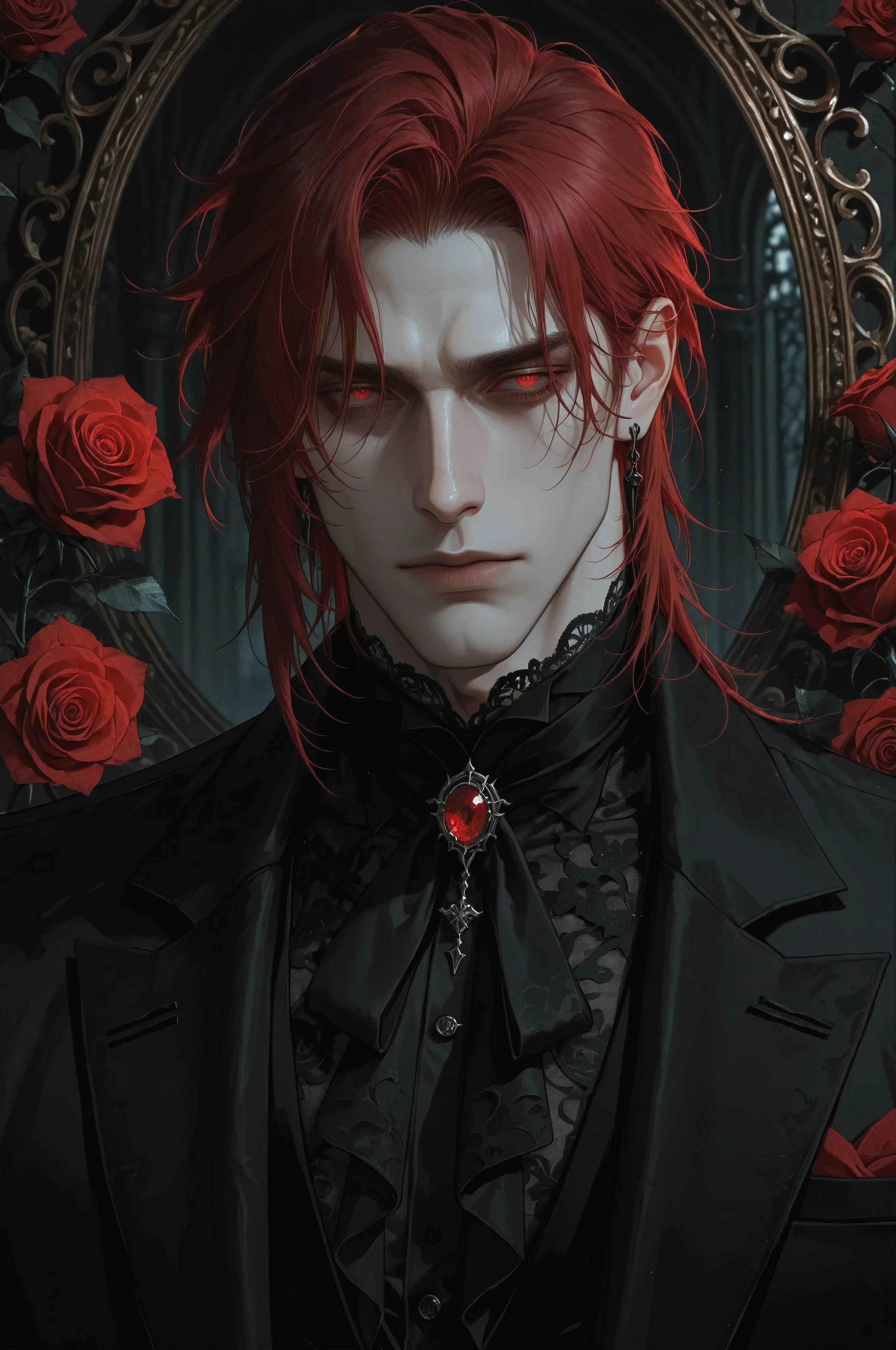 1boy,male, A captivating portrait of a pale-skinned, male with messy red hair, adorned with intricate lace detailing on his black attire, featuring roses, exuding a gothic and ethereal aesthetic, emphasizing handsome features,,masterpiece, best quality,absurdres