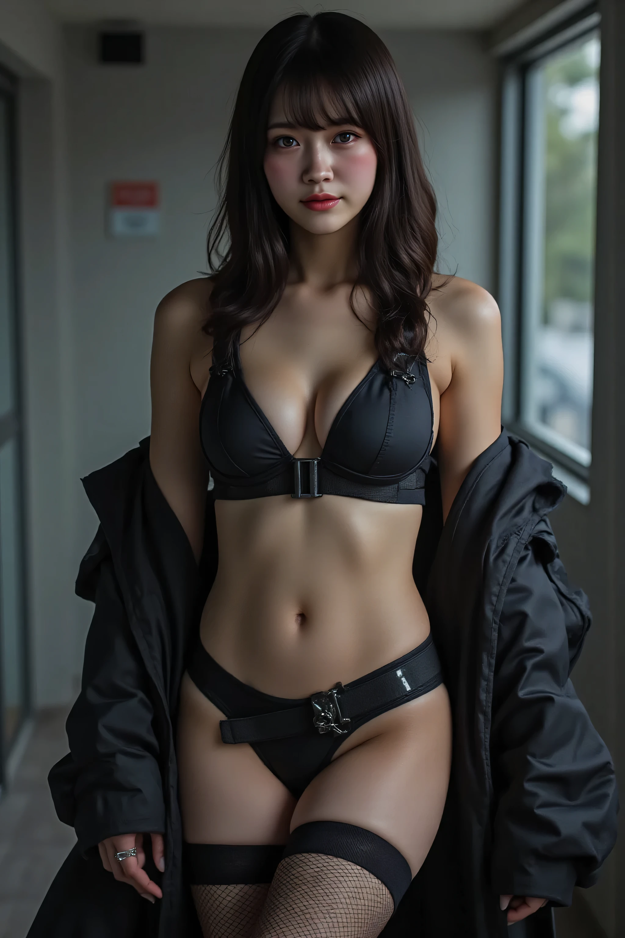 (((The pitch-dark interior of the Nostromo ship:2.0))),(((HR Gigger Style Cyberpunk Atmosphere:2.0))),one woman,(cute face:1.5),(Beautiful well-balanced face :1.7),((wavy black hair:2.0)),(beautiful eyes:1.3),glamorous shot of a 20-year-old Japanese woman,Beautiful Slender Body,((model figure:2.0)),((slim body:1.7)),perfect body line,ideal proportions,((big breasts:2.0)),((F cup chest:1.5)),big boobs,Bare thighs,sensual thighs,delicate body,(muscular:1.7),harmonious posture,((Realistic breast depiction :1.7)),((carefully depicts limbs based on perfect anatomy:2.0)),((Black Special Forces Style Tube Top Bikinis with Harnesses:2.0)),((Black Super Tube Top Bikinis with Underbreasts Protruding:2.0)),((((Black Military Coat with Open Front:2.0))),((tactical holster:2.0)),(((Fishnet tights with garter belt:2.0))),(Gloves:1.3),Concept Art,(Highest Quality:1.5),(masterpiece:1.5),(超高Resolution),Resolution,UHD,(Delicate Depiction),carefully drawn,32k,((Realistic Skin Texture:1.5)),(((Ultra Realistic:1.5))),carefully drawn eyelashes,Highly Detailed Face,highly detailed female hands,sexy appearance,very sensual,(Blurry, dim background:1.5),professional photography,(Movie Lights:2.0),((Blade Runner Style Lighting:2.0))