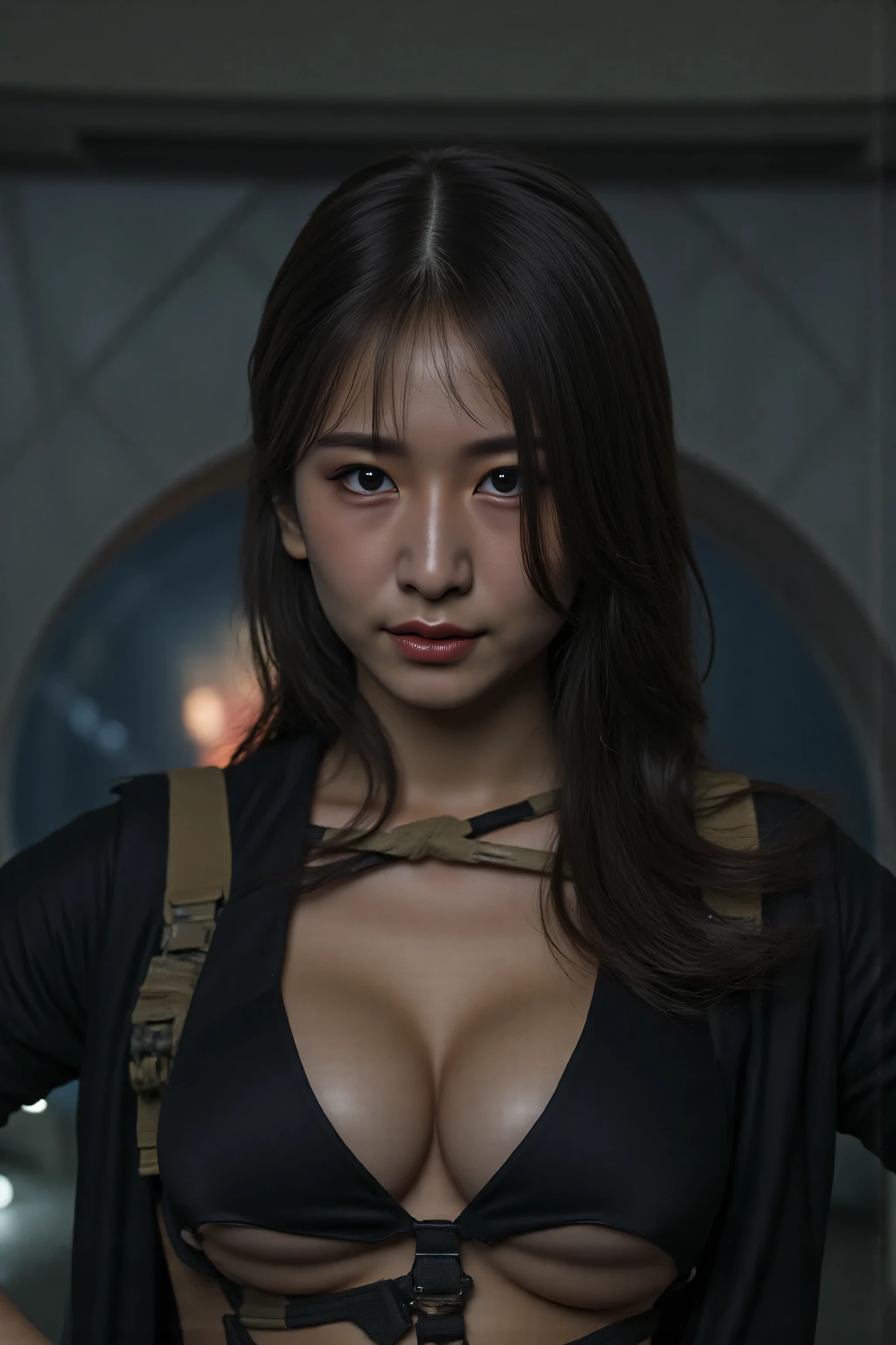 (((The pitch-dark interior of the Nostromo ship:2.0))),(((HR Gigger Style Cyberpunk Atmosphere:2.0))),one woman,(cute face:1.5),(Beautiful well-balanced face :1.7),((wavy black hair:2.0)),(beautiful eyes:1.3),glamorous shot of a 20-year-old Japanese woman,Beautiful Slender Body,((model figure:2.0)),((slim body:1.7)),perfect body line,ideal proportions,((big breasts:2.0)),((F cup chest:1.5)),big boobs,Bare thighs,sensual thighs,delicate body,(muscular:1.7),harmonious posture,((Realistic breast depiction :1.7)),((carefully depicts limbs based on perfect anatomy:2.0)),((Black Special Forces Style Tube Top Bikinis with Harnesses:2.0)),((Black Super Tube Top Bikinis with Underbreasts Protruding:2.0)),((((Black Military Coat with Open Front:2.0))),((tactical holster:2.0)),(((Fishnet tights with garter belt:2.0))),(Gloves:1.3),Concept Art,(Highest Quality:1.5),(masterpiece:1.5),(超高Resolution),Resolution,UHD,(Delicate Depiction),carefully drawn,32k,((Realistic Skin Texture:1.5)),(((Ultra Realistic:1.5))),carefully drawn eyelashes,Highly Detailed Face,highly detailed female hands,sexy appearance,very sensual,(Blurry, dim background:1.5),professional photography,(Movie Lights:2.0),((Blade Runner Style Lighting:2.0))
