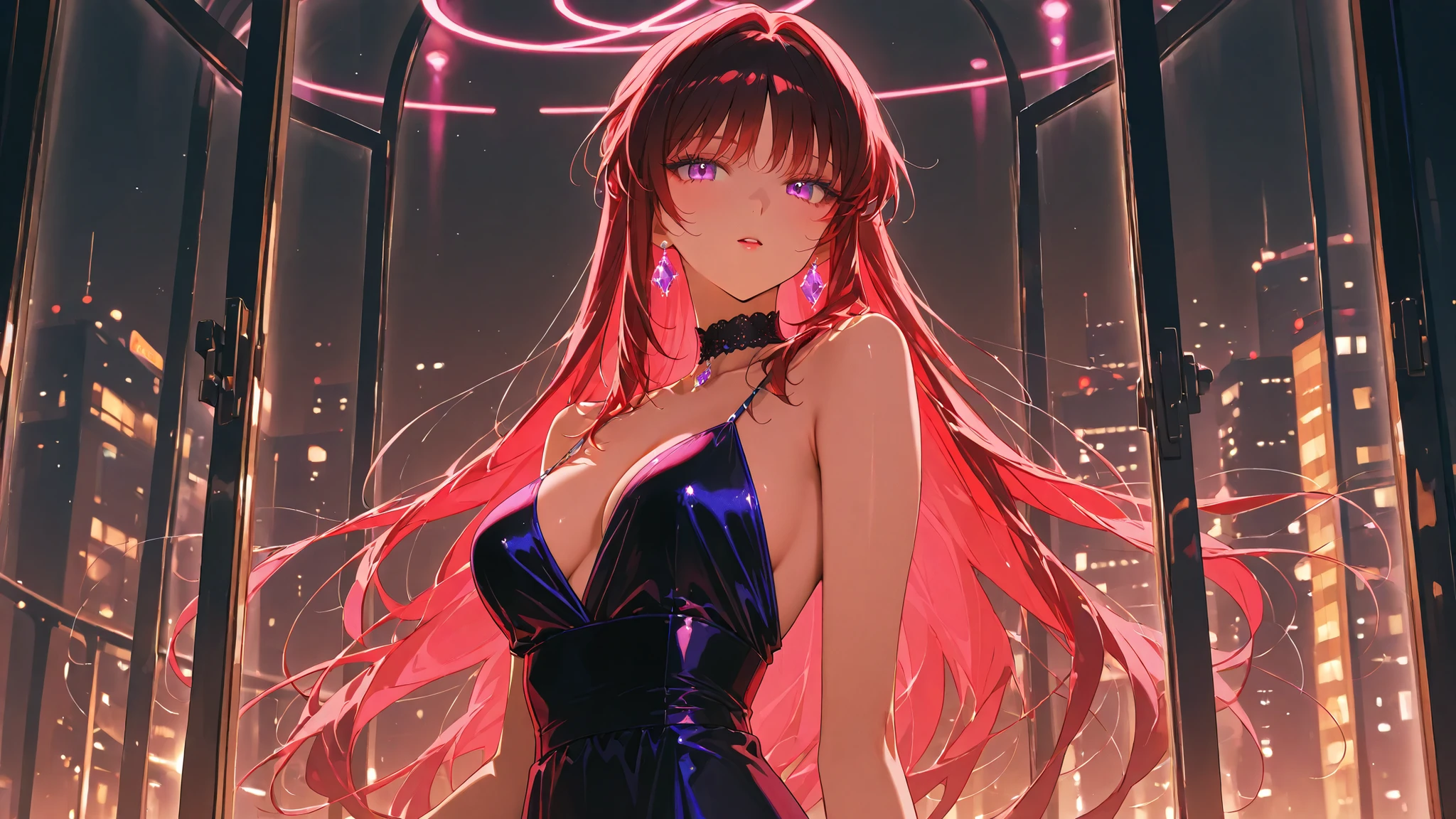 masterpiece, best quality, very detailed, high resolution, expensive resolution, high resolution, 4K, 8k, Unity 8k wallpaper, highly detailed CG, masterpiece, 2D, 3D, beautiful details, depth, fine texture, best quality: 1.3, perfectly focused, crispy skin, he,
Very cute anime girl, two girls who are employees of a night bar, sexy dress, big breasts, expensive pink medium long hair and brown short hair, two girls, night bar, mole under eye, looking at the viewer, expensive, blush, mole, lips parted,, heart, pink eyes, choker