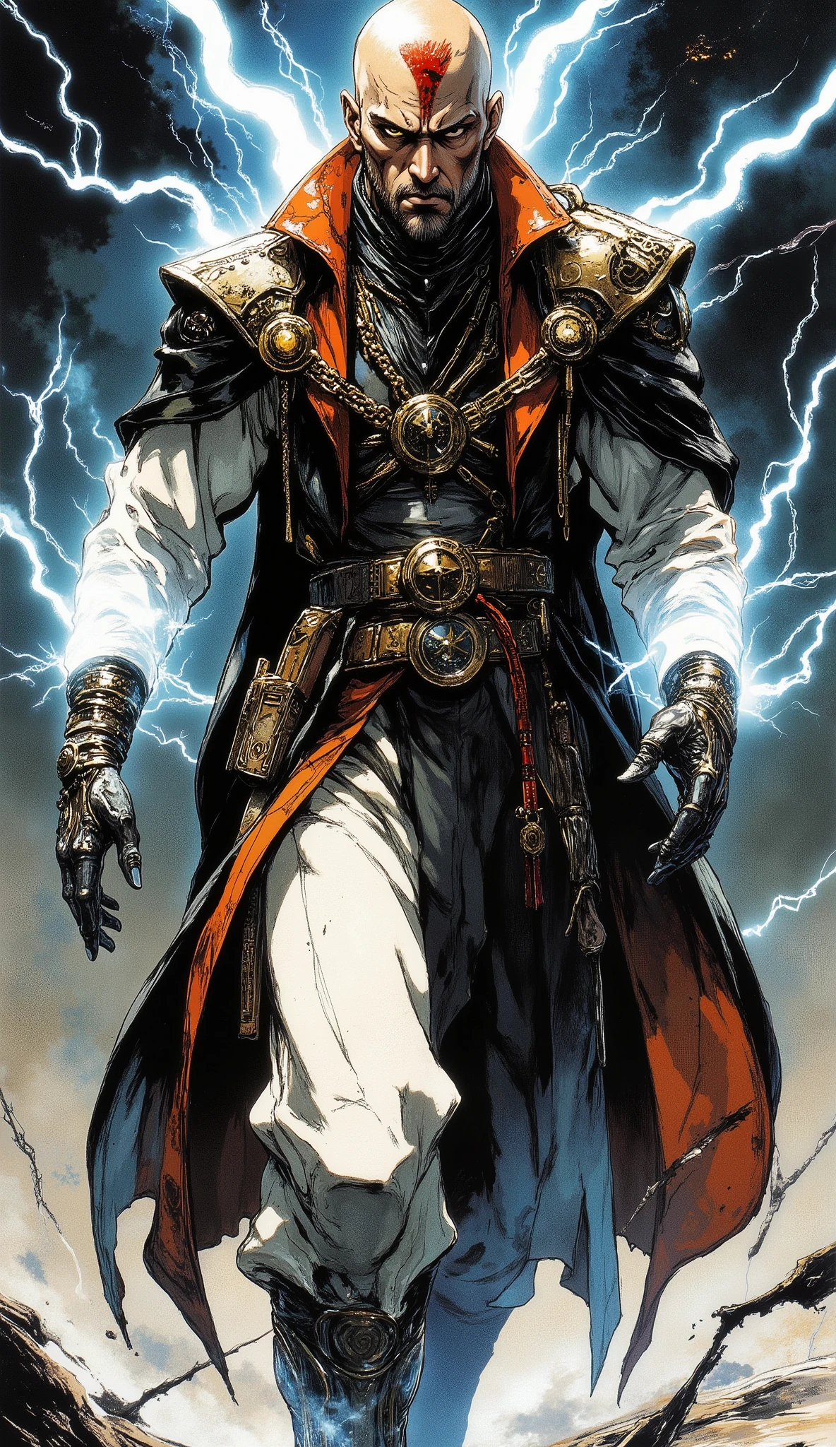 masterpiece, best quality, beautiful and mature anime illustration art, fantasy wuxia style, dynamic angle, cinematic lighting, full of power.
A bald man with a red tattoo extending from his head down his face. His eyes are deep and wise, as if they can see through everything. His facial contours are sharp and hard-lined, showcasing a heroic and extraordinary temperament. He has a neatly trimmed goatee. His expression is serious and firm, revealing an unquestionable sense of authority. His physique is strong yet slender, with broad shoulders and solid muscles.
He is dressed in a fantasy-style dark long robe coat, with a high-necked dark garment underneath, white sleeves, and loose trousers. His shoulders are adorned with luxurious gold decorations and a gorgeous dark cape with a bright orange-red lining. He wears a luxurious multi-layered gold necklace and a round badge on his chest. A wide, ornately decorated belt with a gold buckle and ornaments is tied around his waist, and he has matching style bracers on his arms.
His hands glow with a dazzling light, and electric arcs surround his body. The ground beneath him is cracked and shattered by his power.
The image portrays a hegemon character that combines power, majesty, and luxury in a fantasy martial arts style, with perfect human anatomy, perfect hands, and five normal fingers.