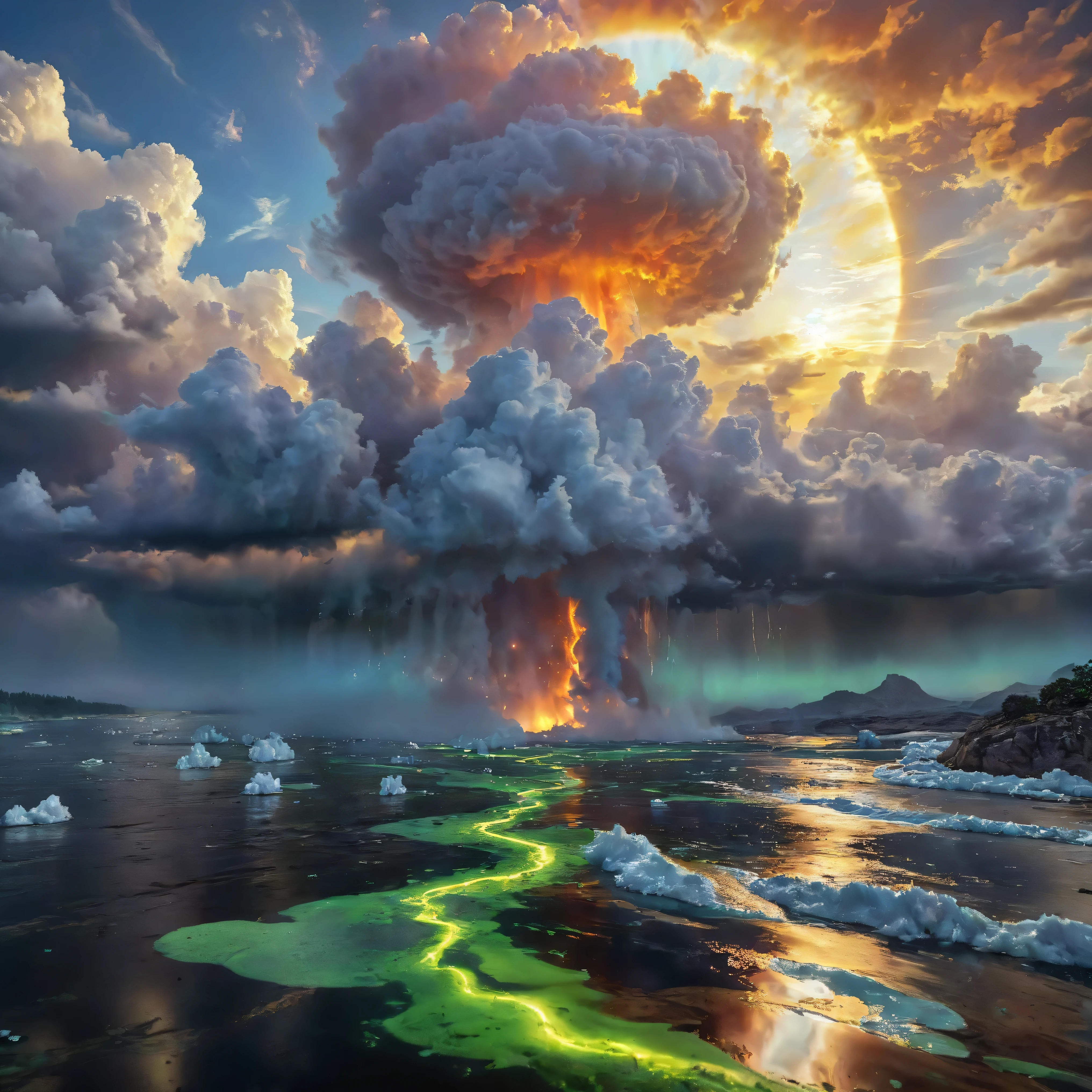 Ultra-realistic, photo-realistic, ultra-detailed, bright vibrant colors, 3D rendered realism, clear crisp images,
An electric blue sky filled with very large double mushroom clouds that are large dark green cumulus clouds, with light lime green and white billowing clouds in front of these, and both layers are partially covering an oversized sun that hovers like a gigantic orange fireball intricately incorporating tiny fragments of purple stitching contained within it. The heavy green clouds empty out a slime green liquid that pours into the dark waters of a large lake below. The lake has rings of slime green with dark water in between these rings where the slime green liquid has dropped into the lake in different places. The slime separates from the dark waters like oil does. Bright vibrant colors, attention to texture on the clouds and water, 8k, high-res, surrealism, aesthetically incredible and dramatic, cinematic photography, cinematic composition, icon style, intricate textures and details, best quality, vivid colors, realistic-looking, hyperrealistic, 3D rendered realism, UHDR, octane render, trending on artstation, stable diffusion, cinematic lighting and shading, cinematography, a masterpiece.