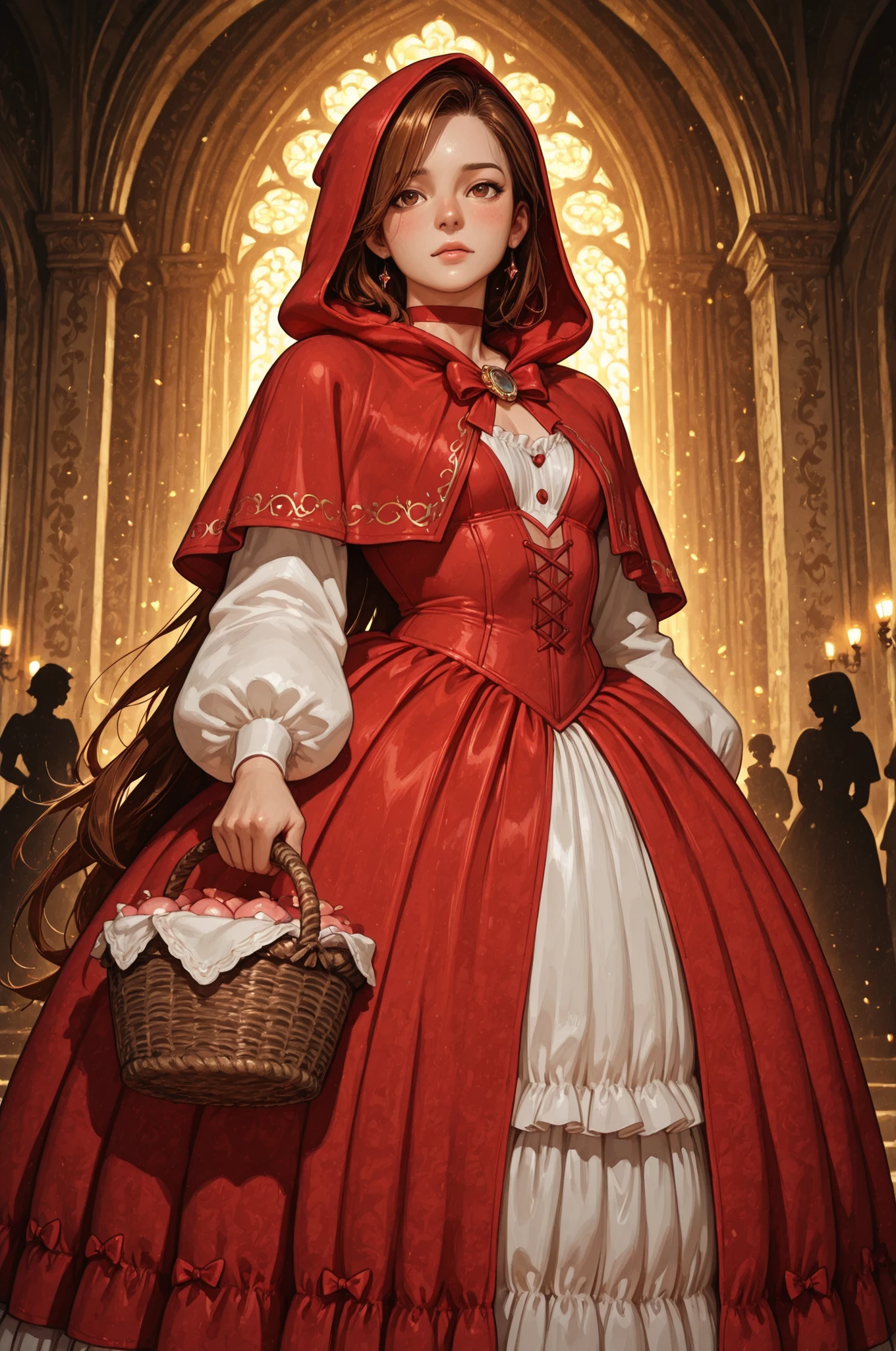 Princess Marco. brown eyes, very long hair, brown hair, short hair. very small breasts. huge hips. slim body. choker. femboy, crossdressing,|  glowing_light, storybook_style, watercolor_(style), painterly, Red_hood_layered_dress,dress,red dress,long sleeves,frills,frilled dress,hood,red hood,capelet,red capelet,layered dress,holding basket, basket, masterpiece, best quality, amazing quality, newest, Score 9, Score 8+, Score 7+, Score 6+, Score 5+, Score 4+, Illusion, Fantasy, Shining petals, Cinema-like lighting, Countless flares, Highest quality, (Photorealistic), ((Detailed background)), Silhouette, in the style of sin-city,