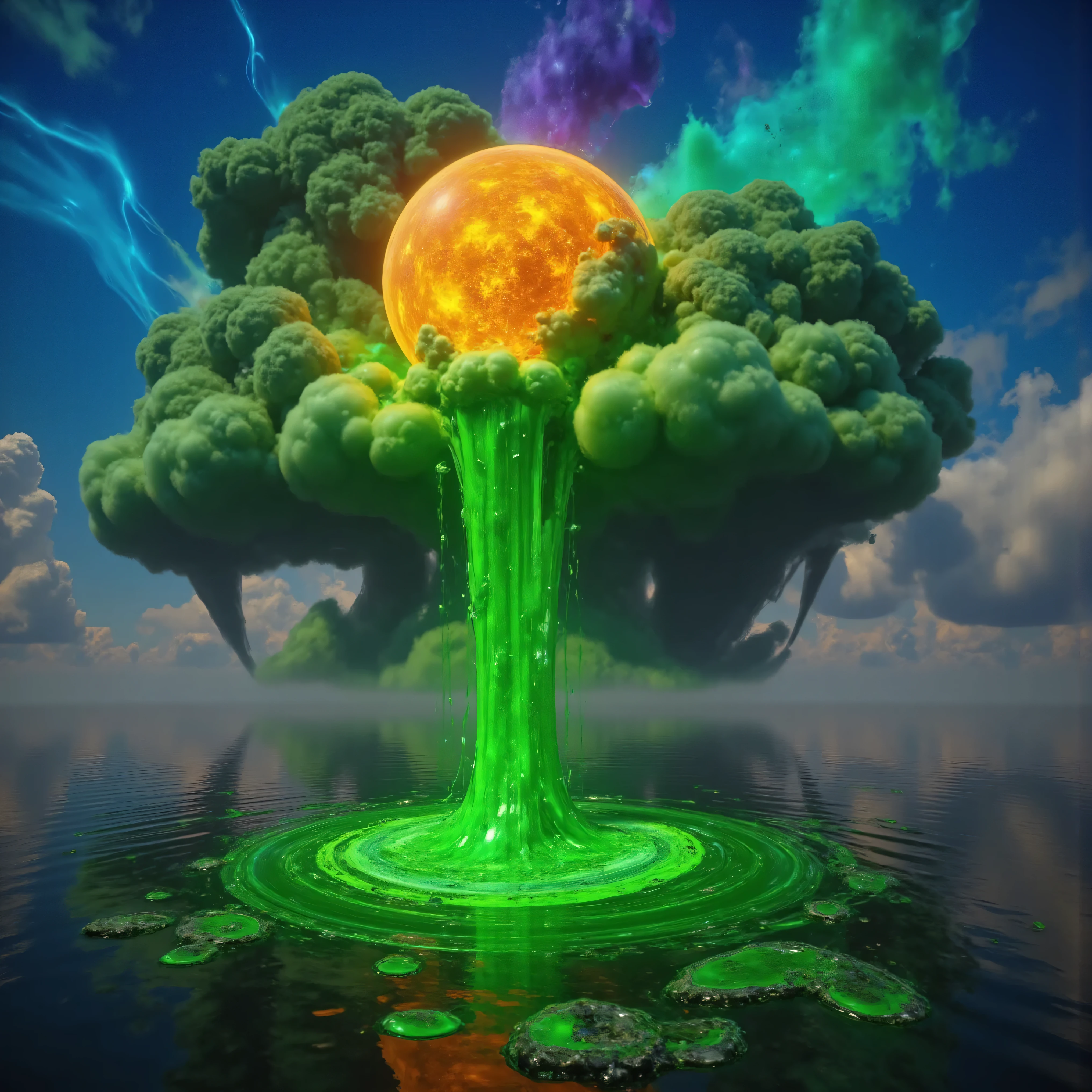 Ultra-realistic, photo-realistic, ultra-detailed, bright vibrant colors, 3D rendered realism, clear crisp images,
An electric blue sky filled with very large double mushroom clouds that are large dark green cumulus clouds, with light lime green and white billowing clouds in front of these, and both layers are partially covering an oversized sun that hovers like a gigantic orange fireball intricately incorporating tiny fragments of purple stitching contained within it. The heavy green clouds empty out a slime green liquid that is dumped in large amounts into the dark waters of a large lake below. The lake has rings of slime green with dark water in between these rings where the slime green liquid has dropped into the lake in different places. The slime separates from the dark waters like oil does. Bright vibrant colors, attention to texture on the clouds and water, 8k, high-res, surrealism, aesthetically incredible and dramatic, cinematic photography, cinematic composition, icon style, intricate textures and details, best quality, vivid colors, realistic-looking, hyperrealistic, 3D rendered realism, UHDR, octane render, trending on artstation, stable diffusion, cinematic lighting and shading, cinematography, a masterpiece.