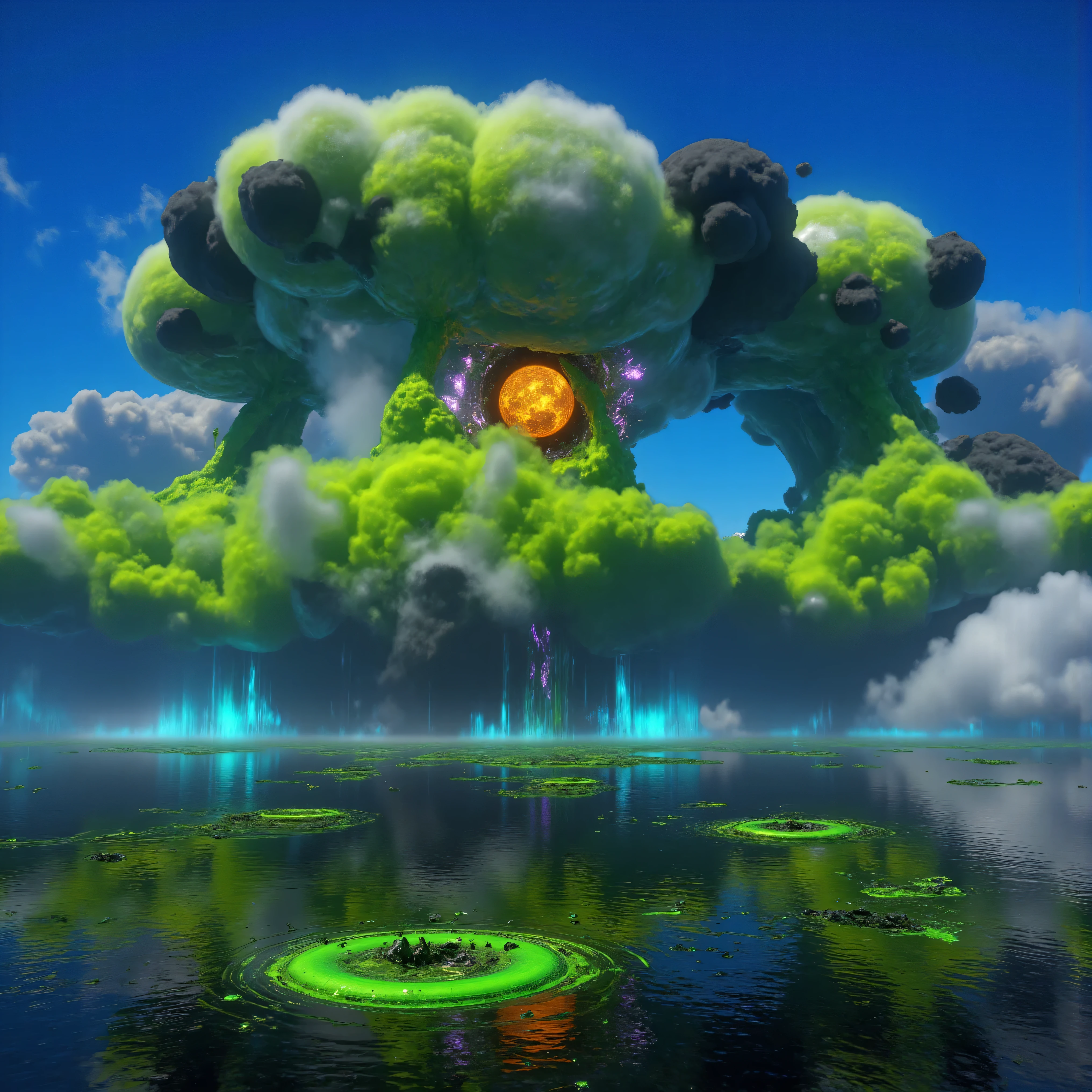 Ultra-realistic, photo-realistic, ultra-detailed, bright vibrant colors, 3D rendered realism, clear crisp images,
An electric blue sky filled with very large double mushroom clouds that are large dark green cumulus clouds, with light lime green and white billowing clouds in front of these, and both layers are partially covering an oversized sun that hovers like a gigantic orange fireball intricately incorporating tiny fragments of purple stitching contained within it. The heavy green clouds empty out a slime green liquid that is dumped in large amounts into the dark waters of a large lake below. The lake has rings of slime green with dark water in between these rings where the slime green liquid has dropped into the lake in different places. The slime separates from the dark waters like oil does. Bright vibrant colors, attention to texture on the clouds and water, 8k, high-res, surrealism, aesthetically incredible and dramatic, cinematic photography, cinematic composition, icon style, intricate textures and details, best quality, vivid colors, realistic-looking, hyperrealistic, 3D rendered realism, UHDR, octane render, trending on artstation, stable diffusion, cinematic lighting and shading, cinematography, a masterpiece.