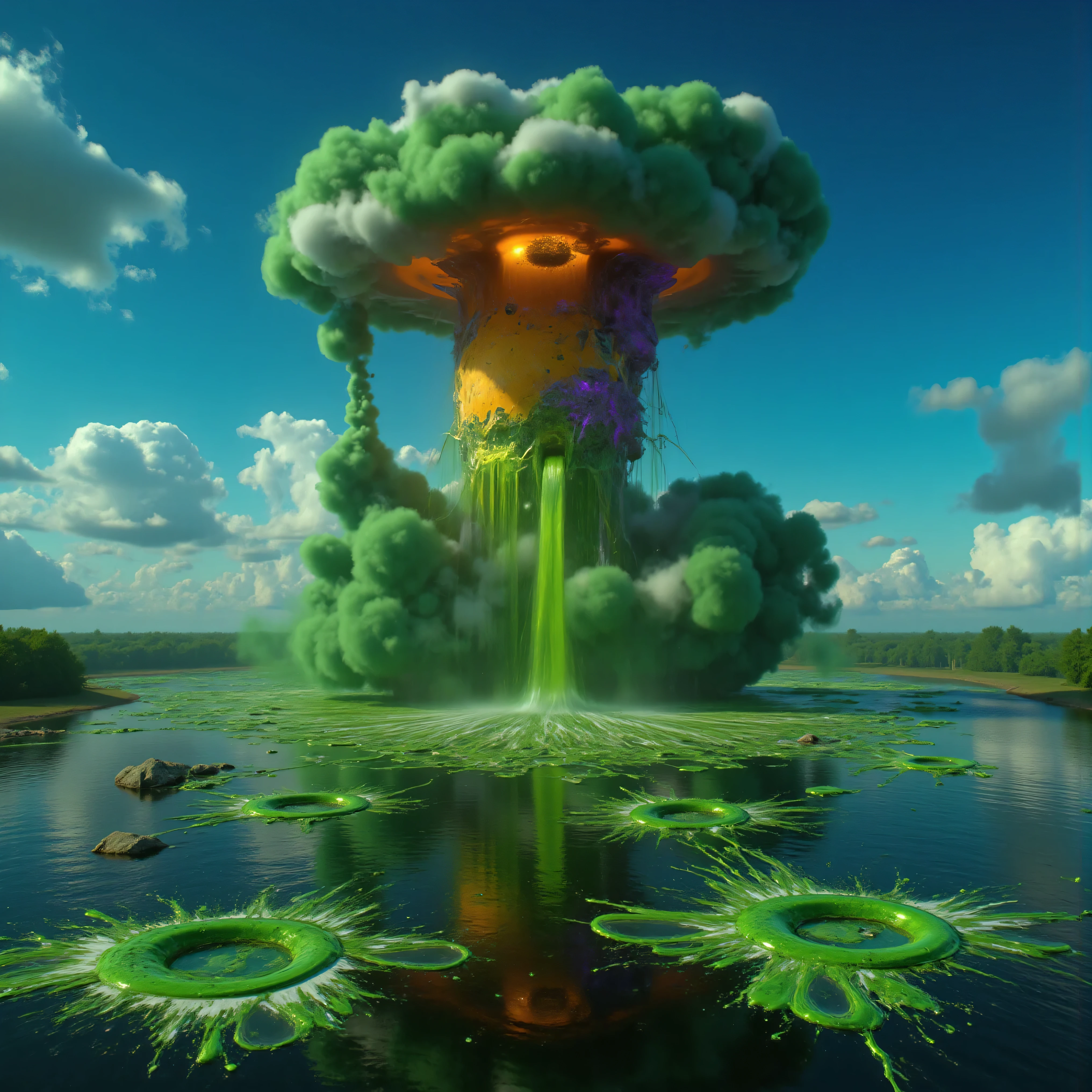 Ultra-realistic, photo-realistic, ultra-detailed, bright vibrant colors, 3D rendered realism, clear crisp images,
An electric blue sky filled with very large double mushroom clouds that are large dark green cumulus clouds, with light lime green and white billowing clouds in front of these, and both layers are partially covering an oversized sun that hovers like a gigantic orange fireball intricately incorporating tiny fragments of purple stitching contained within it. The heavy green clouds empty out a slime green liquid that is dumped in large amounts into the dark waters of a large lake below. The lake has rings of slime green with dark water in between these rings where the slime green liquid has dropped into the lake in different places. The slime separates from the dark waters like oil does. Bright vibrant colors, attention to texture on the clouds and water, 8k, high-res, surrealism, aesthetically incredible and dramatic, cinematic photography, cinematic composition, icon style, intricate textures and details, best quality, vivid colors, realistic-looking, hyperrealistic, 3D rendered realism, UHDR, octane render, trending on artstation, stable diffusion, cinematic lighting and shading, cinematography, a masterpiece.