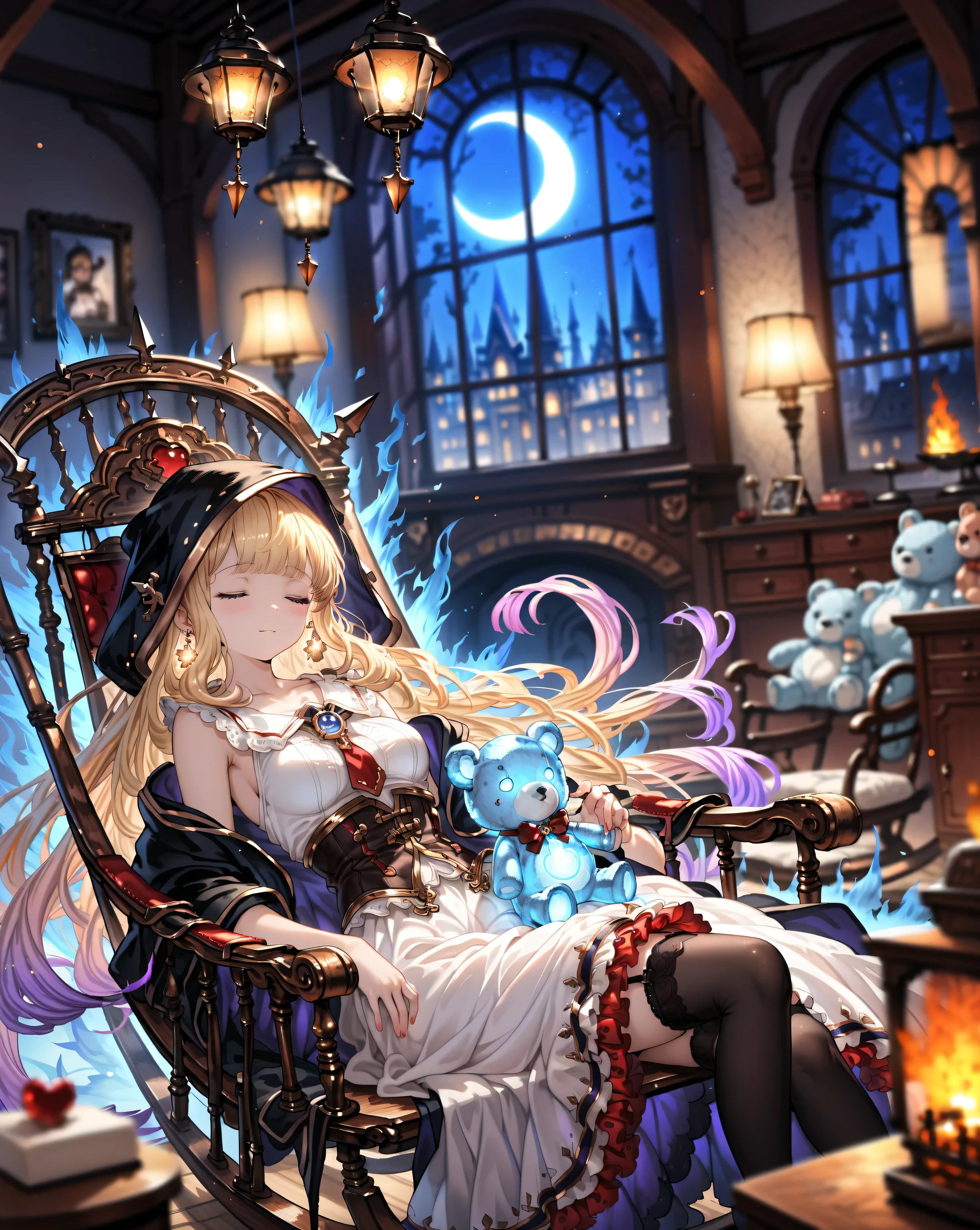 ((Masterpiece), (Highest Quality), (High Score), (High Resolution),(4k),),

((Medieval England),、(night),(雪)、(indoors),1girl,,solo,),

(,(Royal Castle, Magician's Room, Medicine Cabinet, Rocking Chair, Fireplace, Lamp, Small Table),(Window, moonlight),,,(One teddy bear, a large teddy bear on the girl's lap),,,(some toy puppet hanging from the ceiling),,BREAK,(Anatomically accurate structure:1.4),),

(((Transparent teddy bear, blue-glowing teddy bear),(A blue aura enveloping the stuffed animal),(beautiful hair,Extremely delicate hair rendering,hairdetailer:1.5),[(depth of field, shallow depth of field, background gradually blurred, sharp focus on character),:1.4)]))

((mature woman,cagliostro (granblue fantasy), long hair, blonde hair,  floating hair, purple eyes,  [(gradient hair from blond to purple:1.4)0.6],(Black cloak, very long cloak), (Hood, hood up), (white shirt),Sleeveless dress, White dress, Red tie, Jeweled brooch, Crescent moon earrings, (long skirt, Ruffled skirt, Red skirt), Lace, Collarbone,Black boots,(medium breasts),),( garter straps),(brown overbust corset),(black Thigh-high socks),((Deep sleep,  completely closed eyes),close eyes,)sitting on the Chair,(arms folded across stomach:0.5),(head up:1.2),(reclining:1.2),[looking down:1.5],[face forcus:],,BREAK,[cowboy shot:1.5],[from above and to the side:0.7],),
