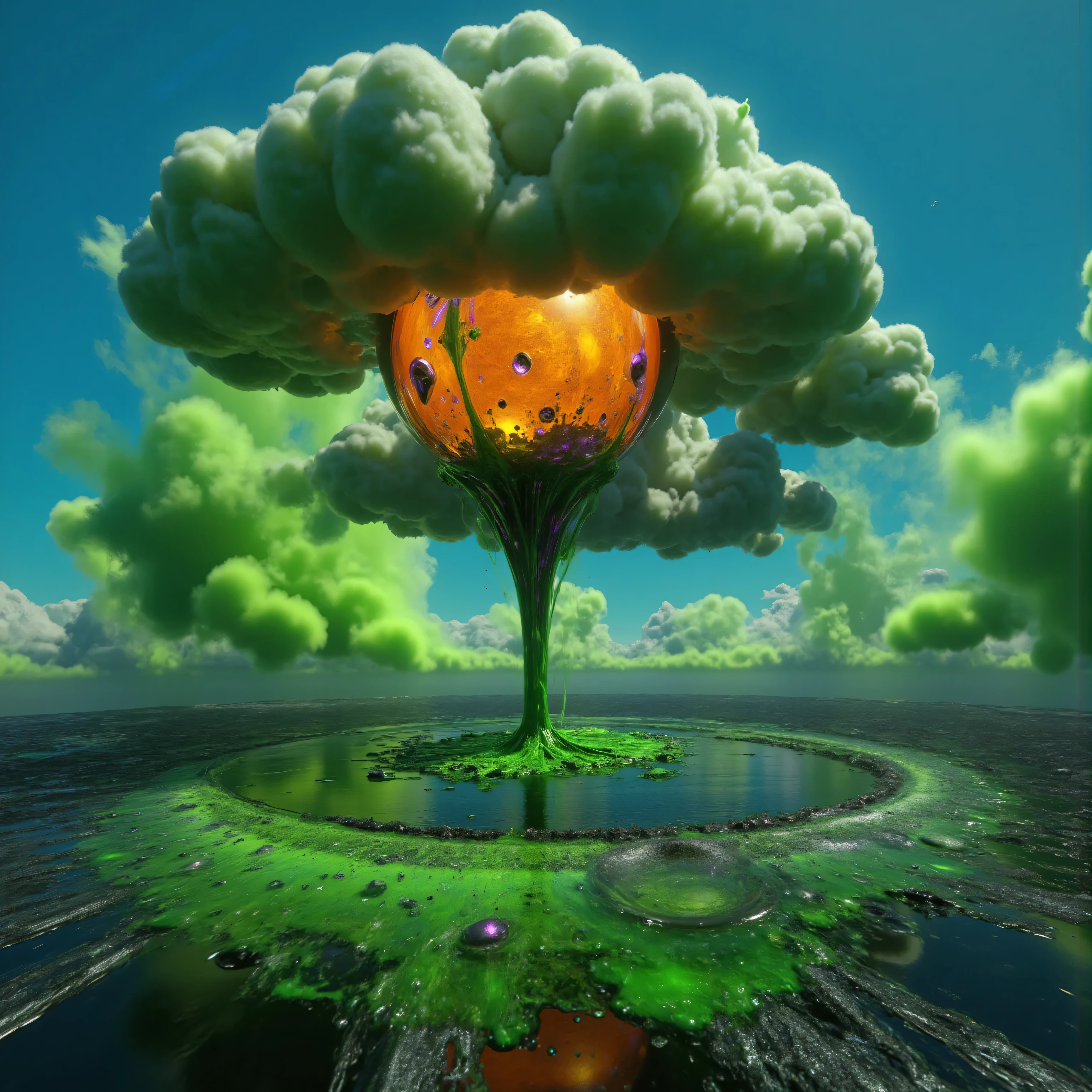 Ultra-realistic, photo-realistic, bright vibrant colors, 3D rendered realism, clear crisp images, hyperrealistic,
An electric blue sky filled with very large double mushroom clouds that are large dark green cumulus clouds, with light lime green and white billowing clouds in front of these, and both layers are partially covering an oversized sun that hovers like a gigantic orange fireball intricately incorporating tiny fragments of purple stitching contained within it. The heavy green clouds empty out a slime green liquid that is dumped in large amounts into the dark waters of a large lake below. The lake has rings of slime green with dark water in between these rings where the slime green liquid has dropped into the lake in different places. The slime separates from the dark waters like oil does. Bright vibrant colors, attention to texture on the clouds and water, 8k, high-res, surrealism, aesthetically incredible and dramatic, cinematic photography, cinematic composition, icon style, intricate textures and details, best quality, vivid colors, realistic-looking, hyperrealistic, 3D rendered realism, UHDR, octane render, trending on artstation, stable diffusion, cinematic lighting and shading, cinematography, a masterpiece.