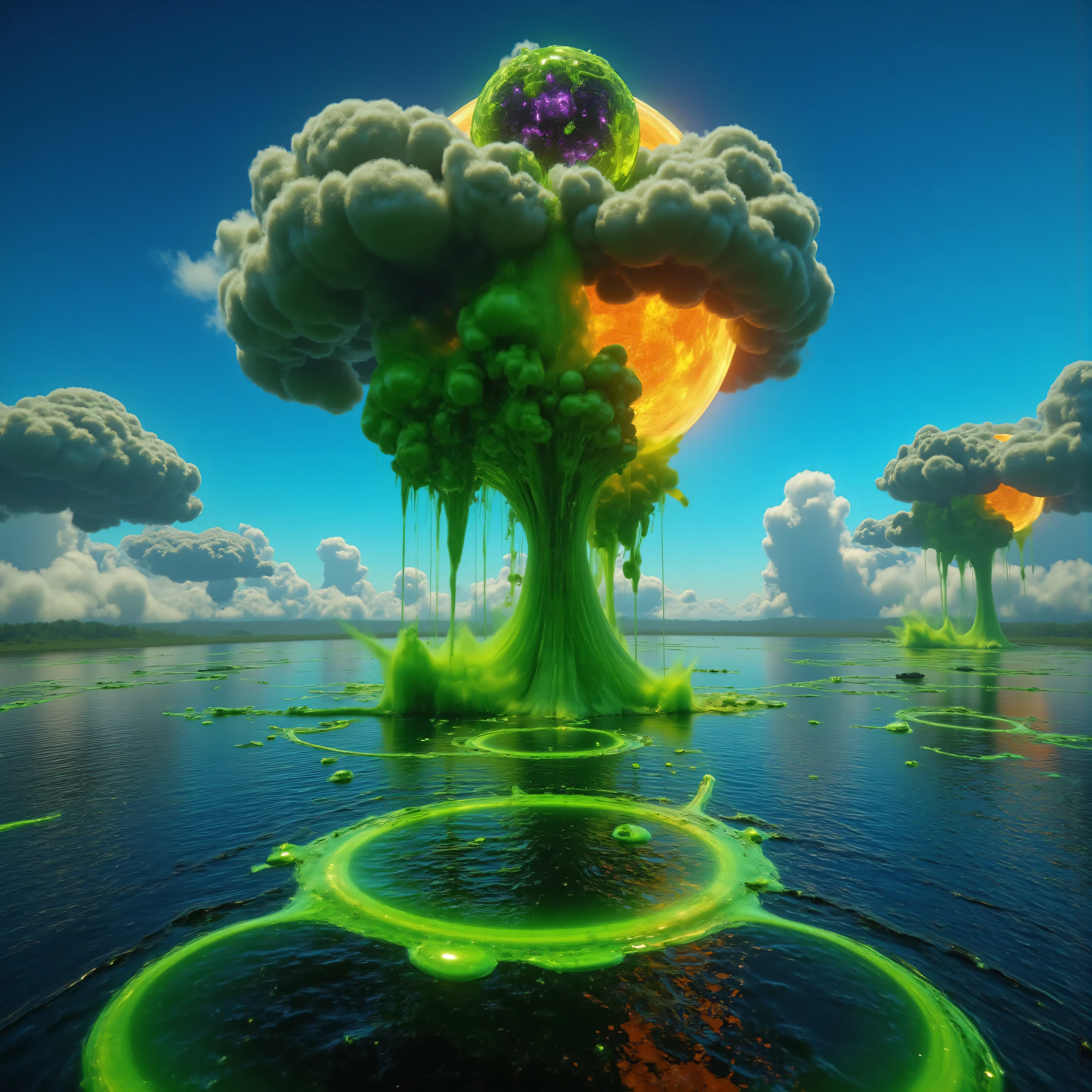 Ultra-realistic, photo-realistic, bright vibrant colors, 3D rendered realism, clear crisp images, hyperrealistic,
An electric blue sky filled with very large double mushroom clouds that are large dark green cumulus clouds, with light lime green and white billowing clouds in front of these, and both layers are partially covering an oversized sun that hovers like a gigantic orange fireball intricately incorporating tiny fragments of purple stitching contained within it. The heavy green clouds empty out a slime green liquid that is dumped in large amounts into the dark waters of a large lake below. The lake has rings of slime green with dark water in between these rings where the slime green liquid has dropped into the lake in different places. The slime separates from the dark waters like oil does. Bright vibrant colors, attention to texture on the clouds and water, 8k, high-res, surrealism, aesthetically incredible and dramatic, cinematic photography, cinematic composition, icon style, intricate textures and details, best quality, vivid colors, realistic-looking, hyperrealistic, 3D rendered realism, UHDR, octane render, trending on artstation, stable diffusion, cinematic lighting and shading, cinematography, a masterpiece.