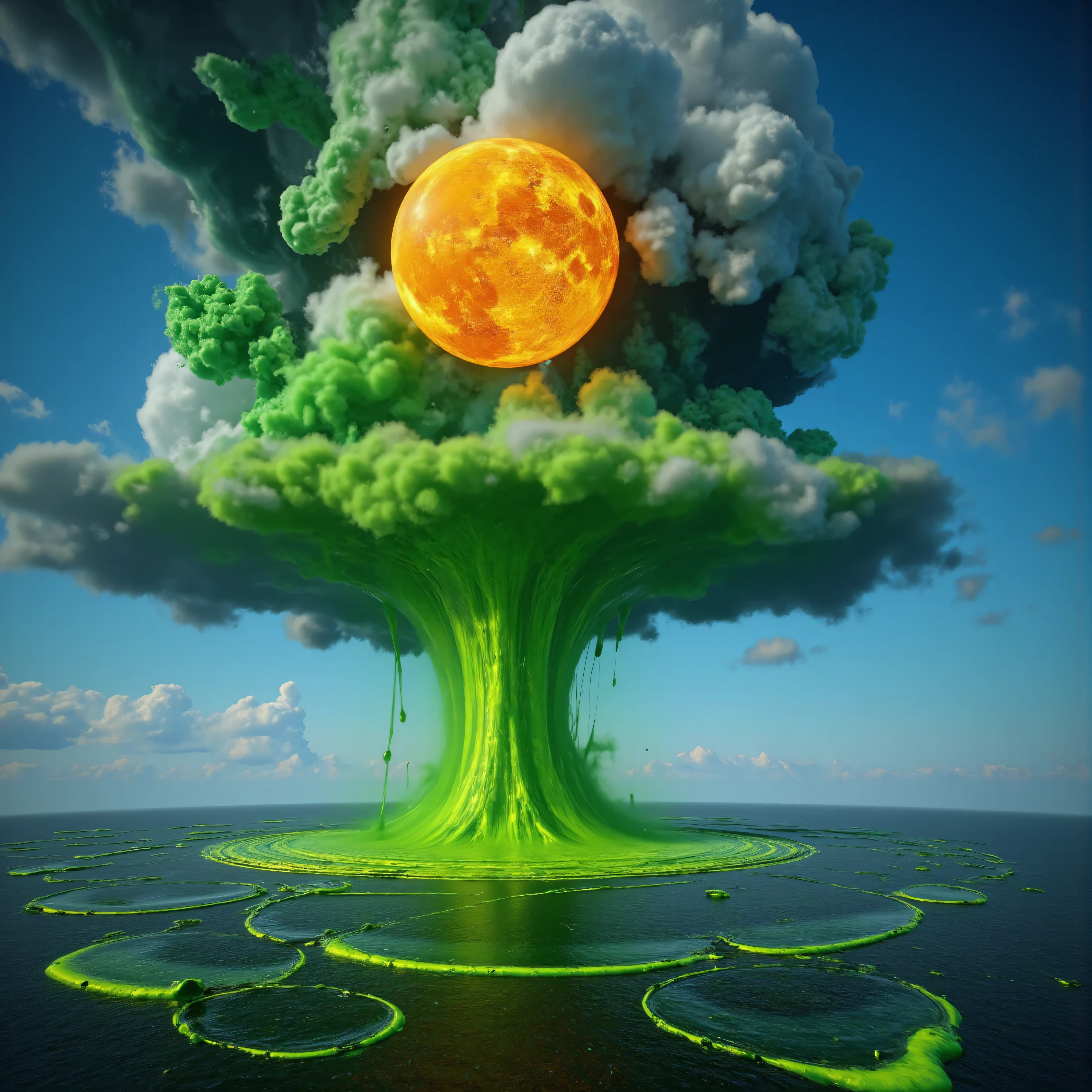 Ultra-realistic, photo-realistic, bright vibrant colors, 3D rendered realism, clear crisp images, hyperrealistic,
An electric blue sky filled with very large double mushroom clouds that are large dark green cumulus clouds, with light lime green and white billowing clouds in front of these, and both layers are partially covering an oversized sun that hovers like a gigantic orange fireball intricately incorporating tiny fragments of purple stitching contained within it. The heavy green clouds empty out a slime green liquid that is dumped in large amounts into the dark waters of a large lake below. The lake has rings of slime green with dark water in between these rings where the slime green liquid has dropped into the lake in different places. The slime separates from the dark waters like oil does. Bright vibrant colors, attention to texture on the clouds and water, 8k, high-res, surrealism, aesthetically incredible and dramatic, cinematic photography, cinematic composition, icon style, intricate textures and details, best quality, vivid colors, realistic-looking, hyperrealistic, 3D rendered realism, UHDR, octane render, trending on artstation, stable diffusion, cinematic lighting and shading, cinematography, a masterpiece.
