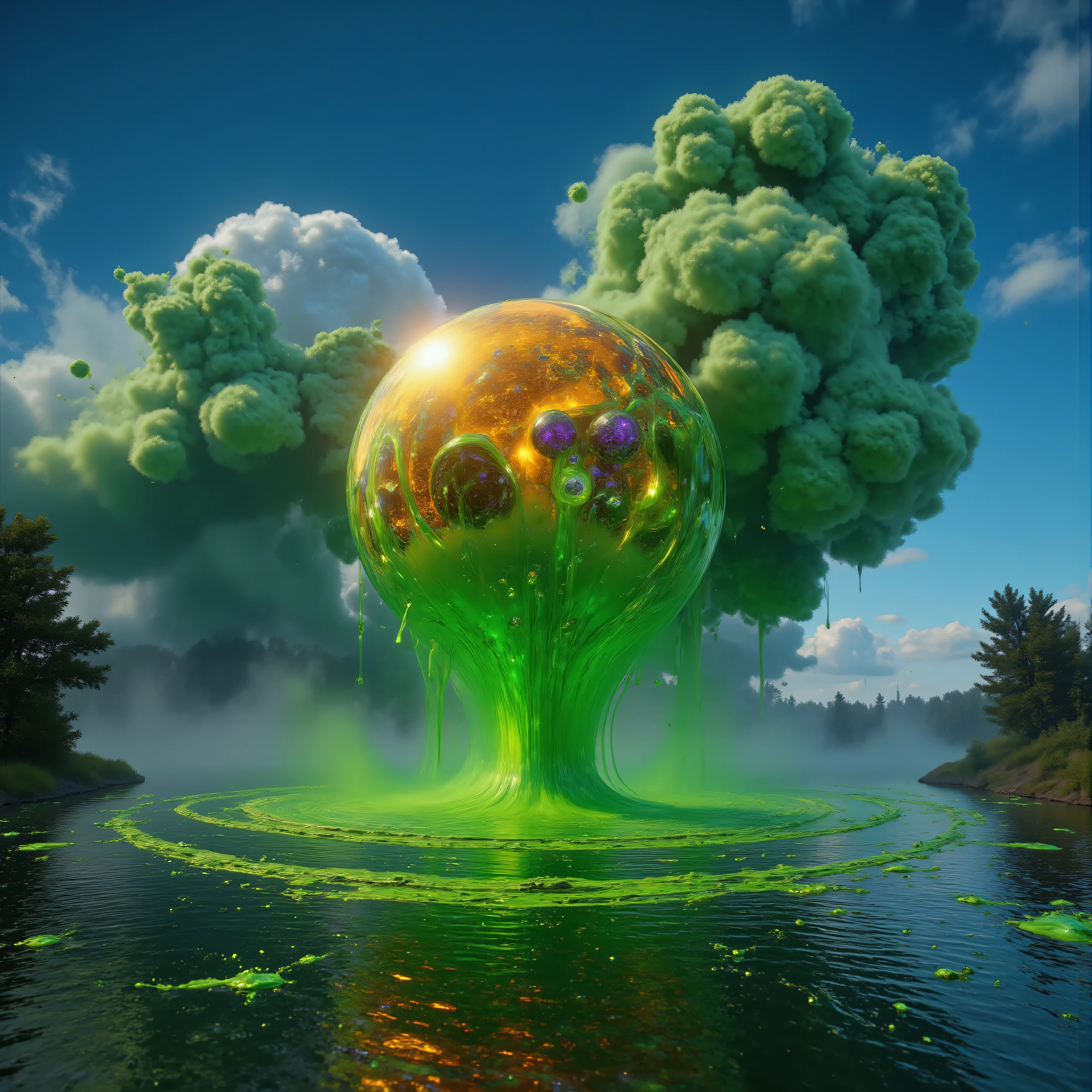 ultra-realistic, photo-realistic, bright vibrant colors, 3D rendered realism, clear crisp images, hyperrealistic, electric blue sky filled with detailed atmospheric green cloudsin the form of very large double mushroom clouds that are large dark green cumulus clouds, with light lime green and white billowing clouds in front of these, and both layers are partially covering an oversized sun that hovers like a gigantic orange fireball intricately incorporating tiny fragments of purple stitching contained within it. The heavy green clouds empty out a slime green liquid that is dumped in large amounts into the dark waters of a large lake below. The lake has rings of slime green with dark water in between these rings where the slime green liquid has dropped into the lake in different places. The slime separates from the dark waters like oil does. Bright vibrant colors, attention to texture on the clouds and water, 8k, high-res, surrealism, aesthetically incredible and dramatic, cinematic photography, cinematic composition, icon style, intricate textures and details, best quality, vivid colors, realistic-looking, hyperrealistic, 3D rendered realism, UHDR, octane render, trending on artstation, stable diffusion, cinematic lighting and shading, cinematography, golden sun rays, tranquil lake, reflection on water, 4K, HDR, UHD, studio lighting, ultra-fine painting, physically-based rendering, extreme detail, professional, vivid colors, a masterpiece