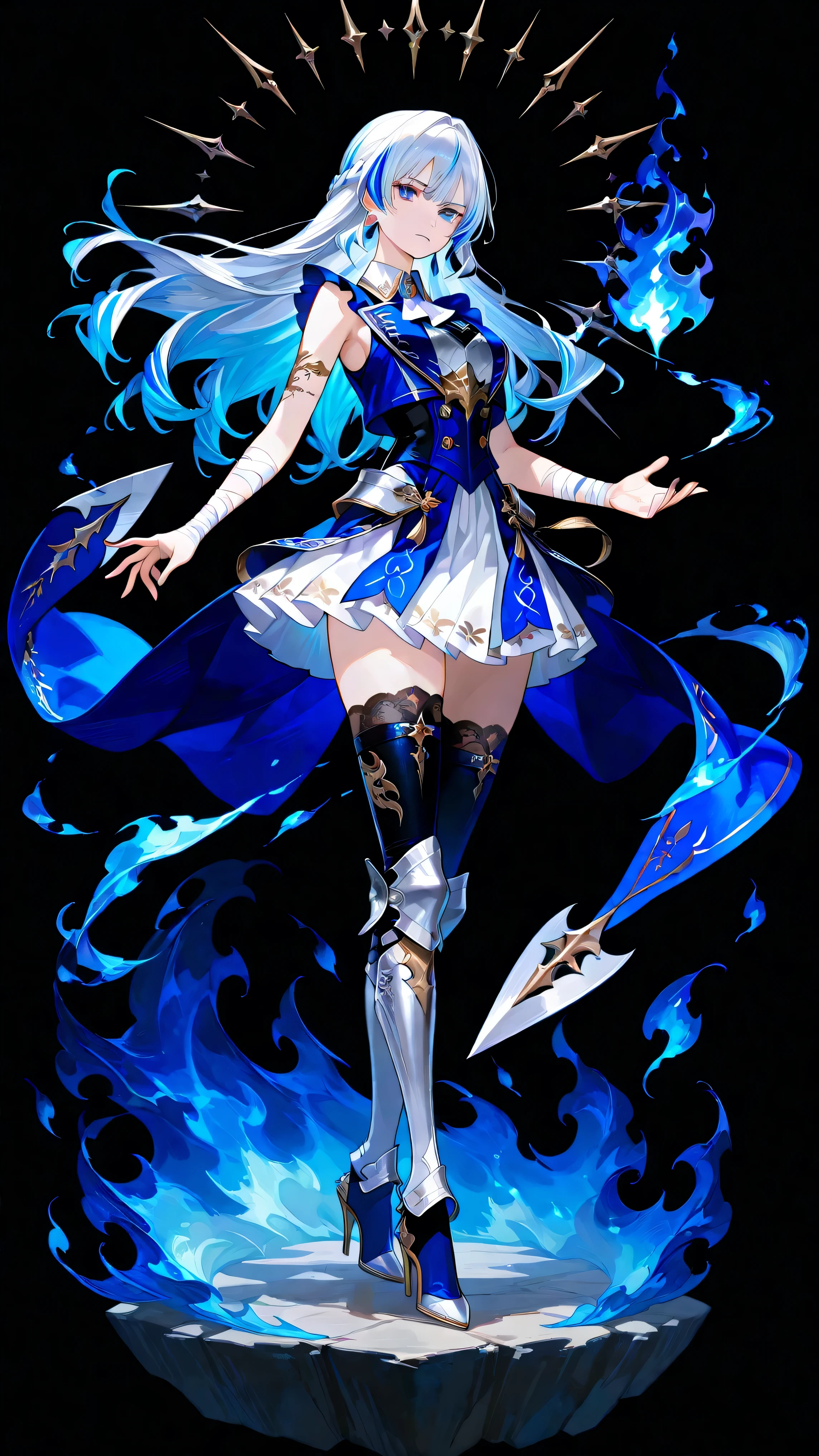 black background, 1girl, solo, masterpiece, female knight theme, beautiful woman with long silver hair, blue-streaked white hair, blue eyes and silky hair, long hair down, half up half down braid, white chest plate, wearing blue knightly attire, long blue sleeveless coat, white skirt, decorated with golden details on her outfit, sleeveless coat (clothing cutout), sleeveless jacket (clothing cutout), she also wears white bridal handsock that wraps tight onto her entire arms, black stockings underneath shin guards, armored high heels, standing, highly detailed, anime illustration, add golden intricate details on her overall outfit, action pose, blue flames, pale flames, fiery blue flames, blazing blue flames, huge tall blue flames dancing around her, shirt collar, intense bloom
