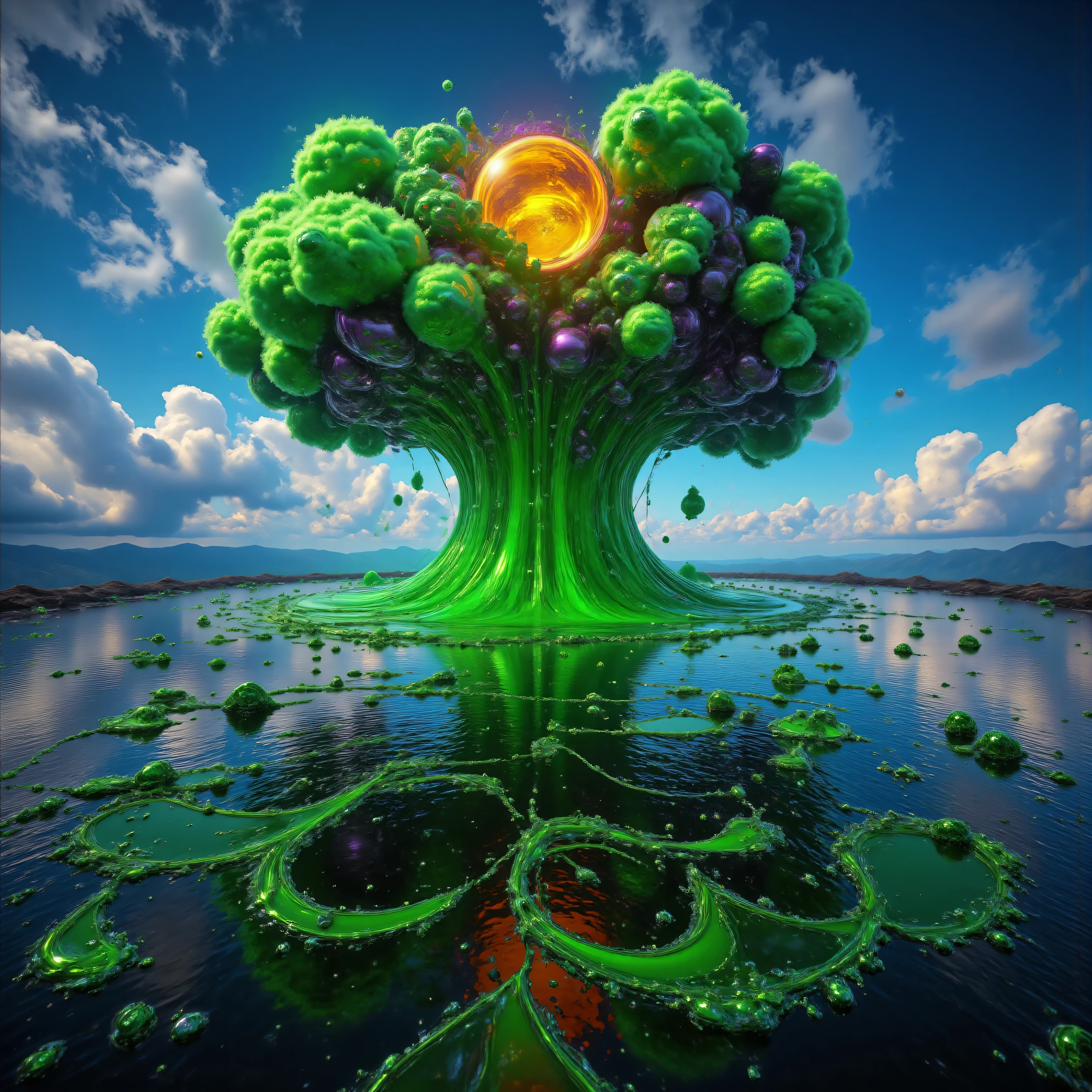 ultra-realistic, photo-realistic, bright vibrant colors, 3D rendered realism, clear crisp images, hyperrealistic, electric blue sky filled with detailed atmospheric green cloudsin the form of very large double mushroom clouds that are large dark green cumulus clouds, with light lime green and white billowing clouds in front of these, and both layers are partially covering an oversized sun that hovers like a gigantic orange fireball intricately incorporating tiny fragments of purple stitching contained within it. Above the multi-colored green mushroom cloud, different colors are bursting out in droplets. The heavy green clouds empty out a slime green liquid that is dumped in large amounts into the dark waters of a large lake below. The lake has rings of slime green with dark water in between these rings where the slime green liquid has dropped into the lake in different places, creating what looks like tye dye in a slime green color that floats on the lake's surface. The slime separates from the dark waters like oil does, and it moves out slowly in small waves. Bright vibrant colors, attention to texture on the clouds and water, 8k, high-res, surrealism, aesthetically incredible and dramatic, cinematic photography, cinematic composition, icon style, intricate textures and details, best quality, vivid colors, realistic-looking, hyperrealistic, 3D rendered realism, UHDR, octane render, trending on artstation, stable diffusion, cinematic lighting and shading, cinematography, golden sun rays, tranquil lake, reflection on water, 4K, HDR, UHD, studio lighting, ultra-fine painting, physically-based rendering, extreme detail, professional, vivid colors, a masterpiece