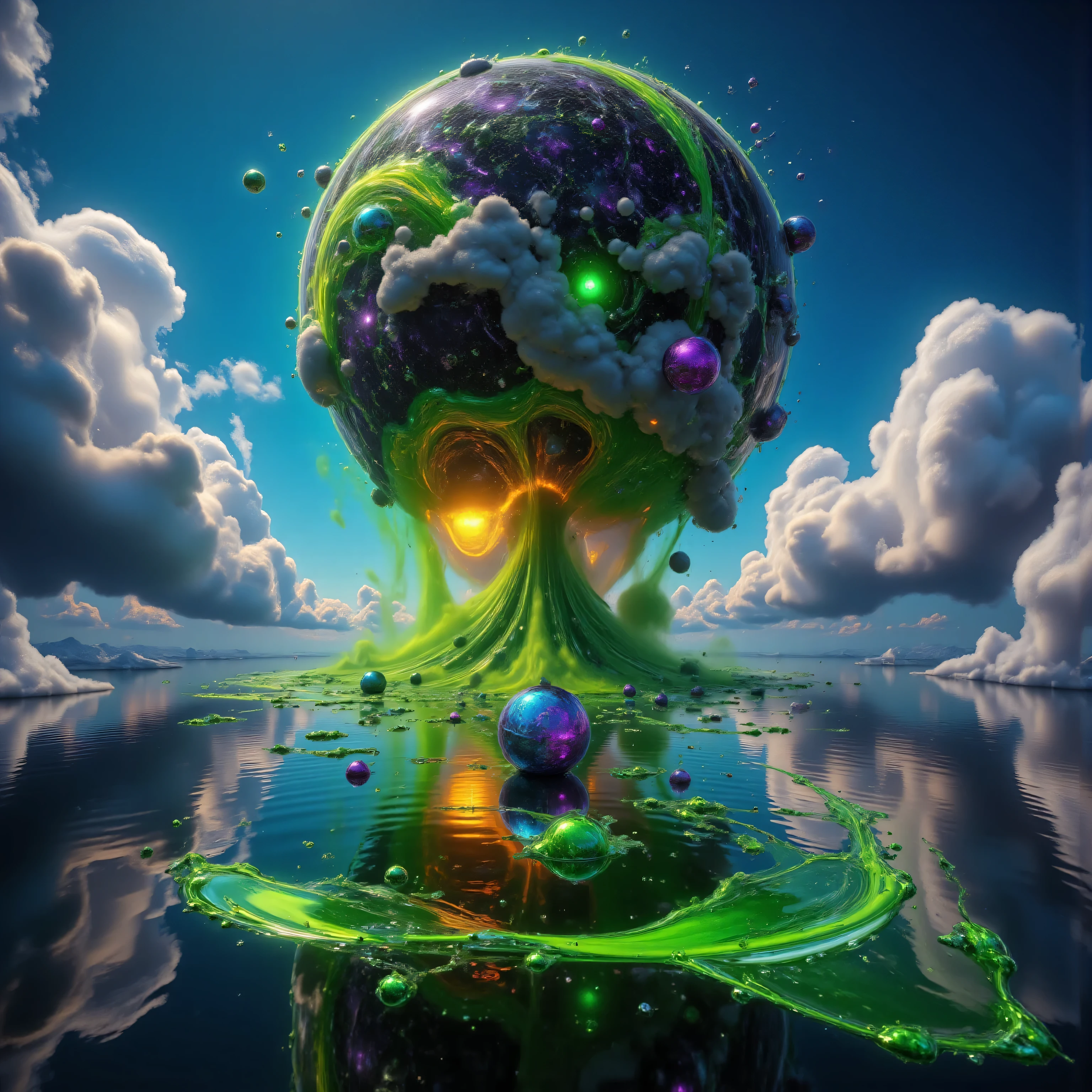 ultra-realistic, photo-realistic, bright vibrant colors, 3D rendered realism, clear crisp images, hyperrealistic, electric blue sky filled with detailed atmospheric green cloudsin the form of very large double mushroom clouds that are large dark green cumulus clouds, with light lime green and white billowing clouds in front of these, and both layers are partially covering an oversized sun that hovers like a gigantic orange fireball intricately incorporating tiny fragments of purple stitching contained within it. Above the multi-colored green mushroom cloud, different colors are bursting out in droplets. The heavy green clouds empty out a slime green liquid that is dumped in large amounts into the dark waters of a large lake below. The lake has rings of slime green with dark water in between these rings where the slime green liquid has dropped into the lake in different places, creating what looks like tye dye in a slime green color that floats on the lake's surface. The slime separates from the dark waters like oil does, and it moves out slowly in small waves. Bright vibrant colors, attention to texture on the clouds and water, 8k, high-res, surrealism, aesthetically incredible and dramatic, cinematic photography, cinematic composition, icon style, intricate textures and details, best quality, vivid colors, realistic-looking, hyperrealistic, 3D rendered realism, UHDR, octane render, trending on artstation, stable diffusion, cinematic lighting and shading, cinematography, golden sun rays, tranquil lake, reflection on water, 4K, HDR, UHD, studio lighting, ultra-fine painting, physically-based rendering, extreme detail, professional, vivid colors, a masterpiece