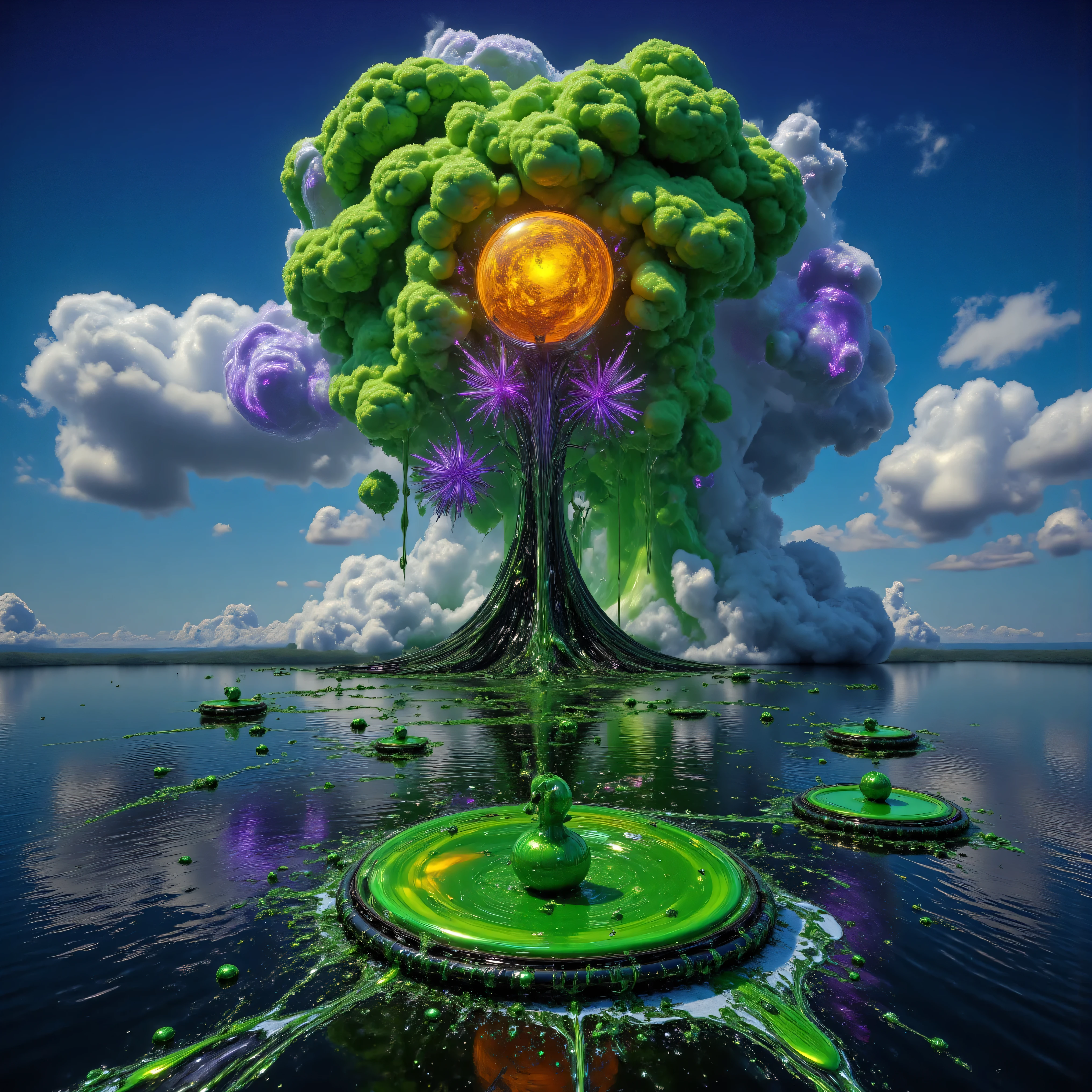 ultra-realistic, photo-realistic, bright vibrant colors, 3D rendered realism, clear crisp images, hyperrealistic, electric blue sky filled with detailed atmospheric green cloudsin the form of very large double mushroom clouds that are large dark green cumulus clouds, with light lime green and white billowing clouds in front of these, and both layers are partially covering an oversized sun that hovers like a gigantic orange fireball intricately incorporating tiny fragments of purple stitching contained within it. Above the multi-colored green mushroom cloud, different colors are bursting out in droplets. The heavy green clouds empty out a slime green liquid that is dumped in large amounts into the dark waters of a large lake below. The lake has rings of slime green with dark water in between these rings where the slime green liquid has dropped into the lake in different places, creating what looks like tye dye in a slime green color that floats on the lake's surface. The slime separates from the dark waters like oil does, and it moves out slowly in small waves. Bright vibrant colors, attention to texture on the clouds and water, 8k, high-res, surrealism, aesthetically incredible and dramatic, cinematic photography, cinematic composition, icon style, intricate textures and details, best quality, vivid colors, realistic-looking, hyperrealistic, 3D rendered realism, UHDR, octane render, trending on artstation, stable diffusion, cinematic lighting and shading, cinematography, golden sun rays, tranquil lake, reflection on water, 4K, HDR, UHD, studio lighting, ultra-fine painting, physically-based rendering, extreme detail, professional, vivid colors, a masterpiece