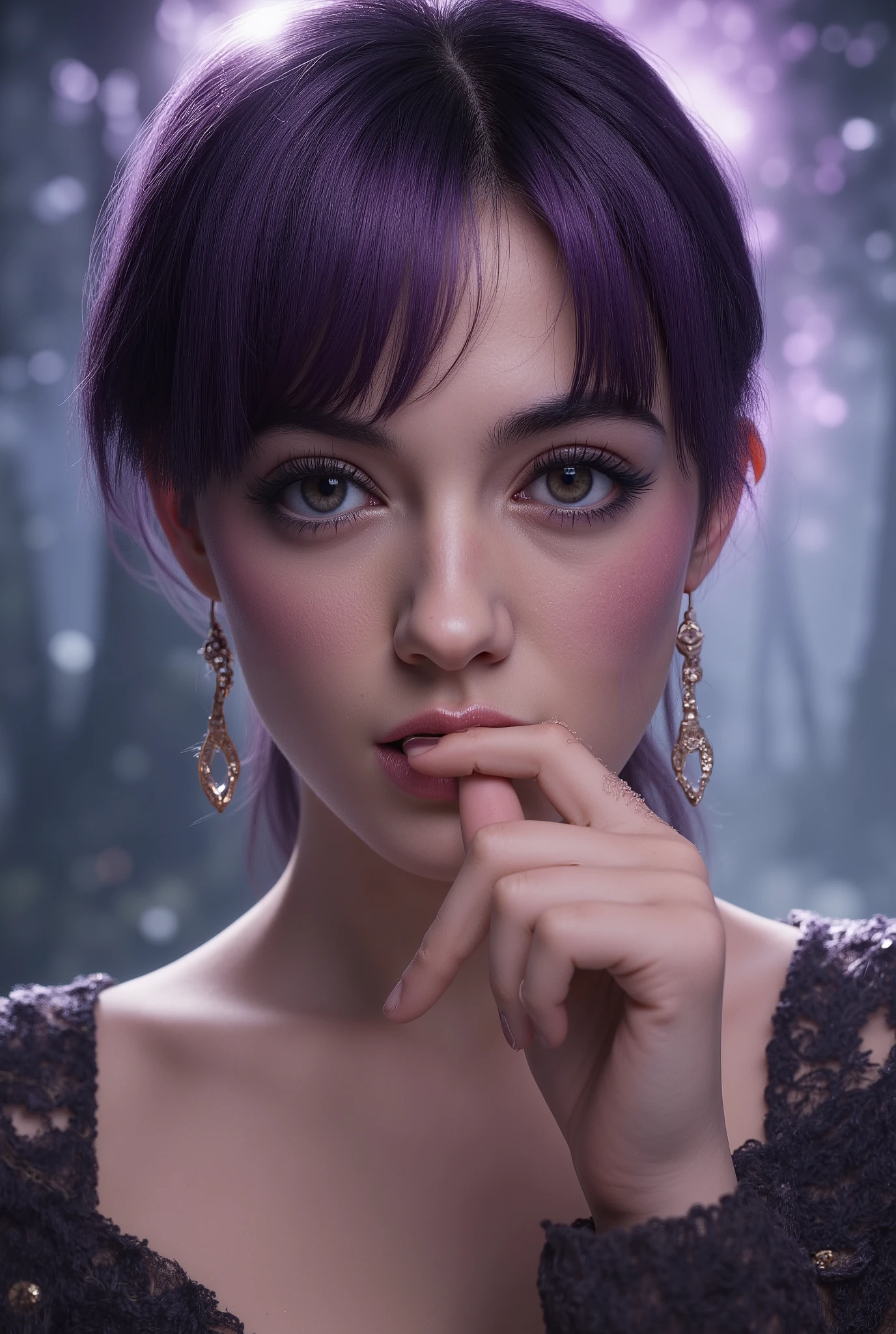 masterpiece,Highest Quality,very detailed,,1girl, She's Biting Her finger, Seraphina_tailor,short purple hair,Sharp Cheekbones ,Tan skin ,beauiful boobs,detailed facial features,realistic skin texture,Classy expression ,Confident Postures,mystical background,Fantasy Forest Environments ,Shining Magical Aura,warm lighting,Digital Painting,4K,8k,high resolution,PHOTOREALISTIC,Physically Based Rendering,Brilliant Colors,Dramatic Lighting