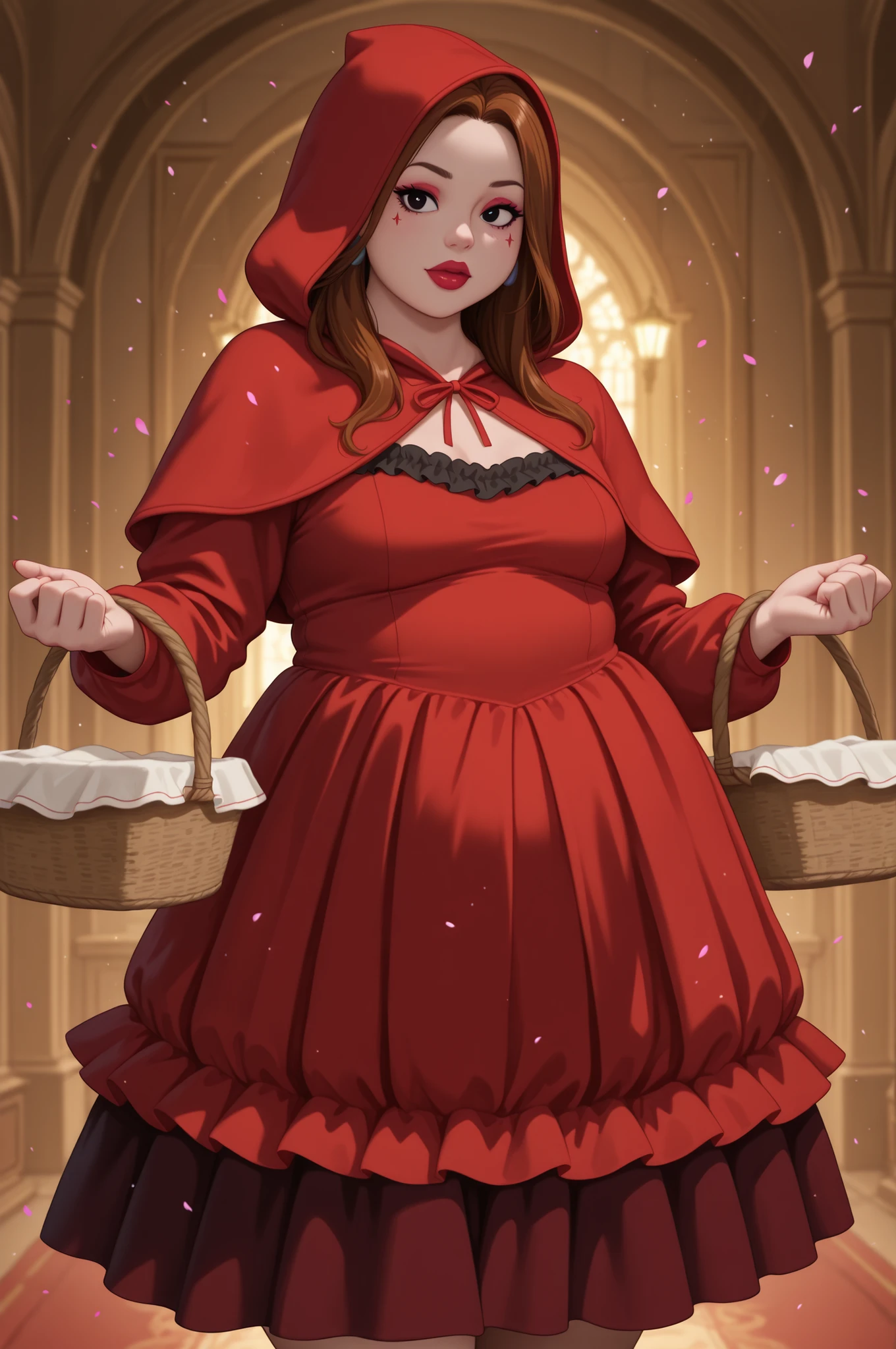 Debra, small . Pale red lipstick, brown hair, black eyes, pale red makeup, long hair, thick , chubby, overweight, chubby, fat, mature woman..|   glowing_light, storybook_style, watercolor_(style), painterly, Red_hood_layered_dress,dress,red dress,long sleeves,frills,frilled dress,hood,red hood,capelet,red capelet,layered dress,holding basket, basket, masterpiece, best quality, amazing quality, newest, Score 9, Score 8+, Score 7+, Score 6+, Score 5+, Score 4+, Illusion, Fantasy, Shining petals, Cinema-like lighting, Countless flares, Highest quality, (Photorealistic), ((Detailed background)), Silhouette, in the style of sin-city,