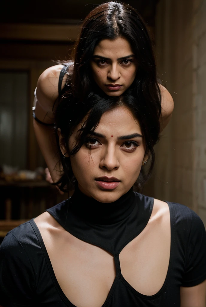 TWO INDIAN BOLLYWOOD LESBIAN BOTH RIVALS STARE EACH OTHER SO ANGRY IN RAIN BOTH WEARING SATIN BLACK SAARI BIG  BOTH EYES IN HATE FOR EACH OTHER FULL WET IN RAIN IN LATE NIGHT STREET