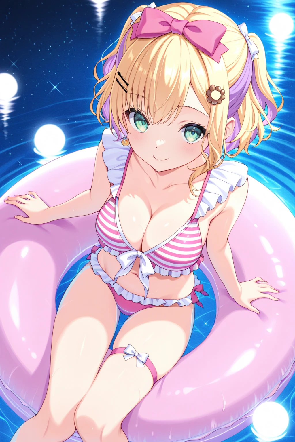 noah7, short hair, blonde hair, purple hair, two side up, green eyes, hair bow, bow hairband, hairclip, breasts, cleavage, frilled bikini, striped bikini, off shoulder, pink jacket, open jacket, long sleeves, thigh strap, <lora:kurumi_noah_ilxl_v1:0.9>, underwater, swimming, fish, coral,  
ultra-detailed, masterpiece, newest, best quality