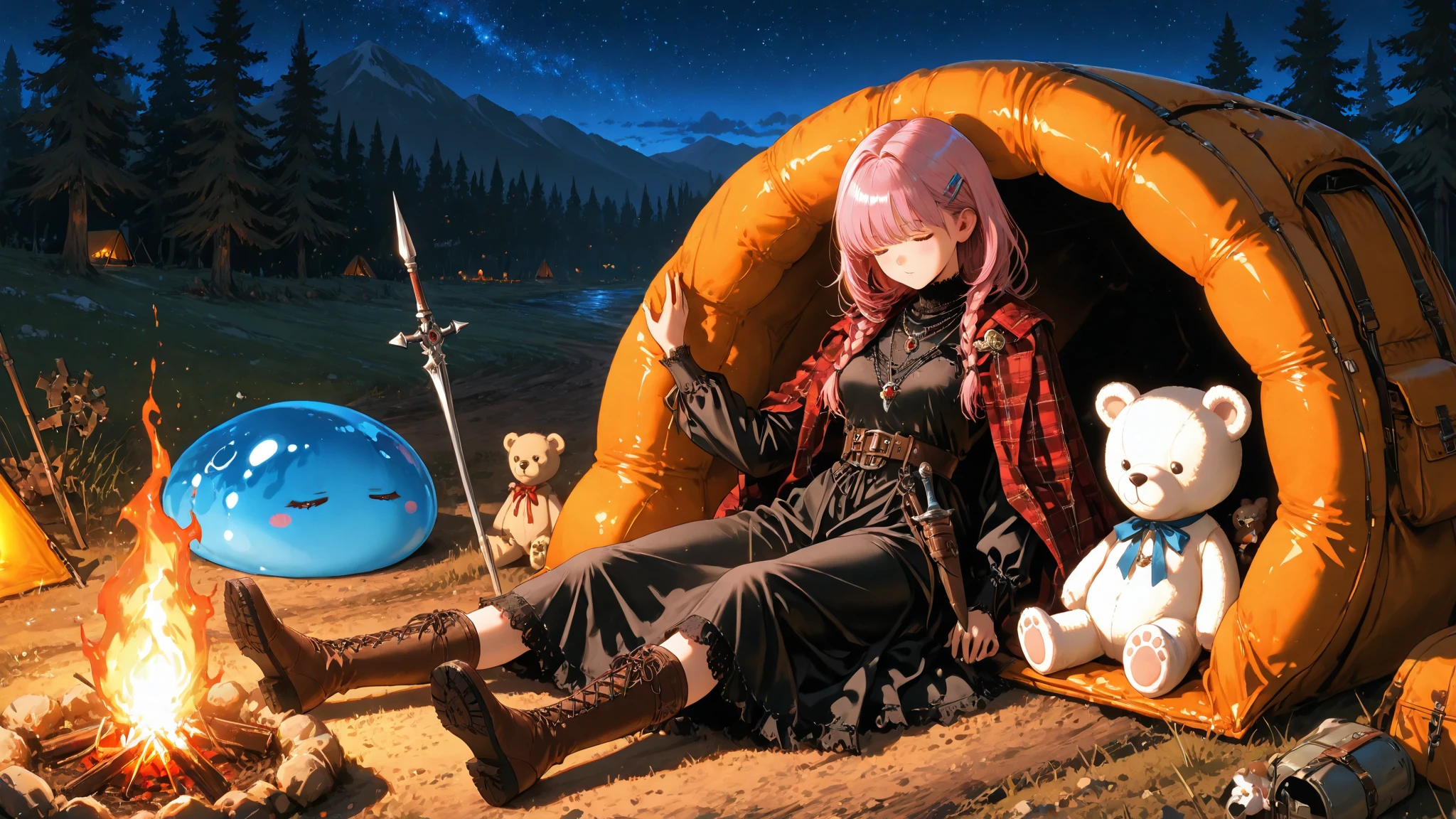 Super Detailed Depiction, Vivid Details, Perfect resolution, Yoshizuki iori, pink hair, Braided Hair, Ribbons Hair Accessories, cute hairpins, Delicate Necklace, small earrings, Iron Mace, Practical Adventurer's Belt, Gear with Multiple Pouches, Durable Leather Boots with Ribbons, Plaid Cloak, Practical Short Spear Held in the Right Hand, Sharp Spear Tip and Decorated Handle, Exquisitely Carved Spear Scabbard, Dagger hanging from the waist, Sharp Blade in a Scabbard, White Teddy Bear with a Ribbon Peeking Out of a Backpack, Village Exit where the sun shines in, Road Wrapped in Morning Mist, Adventure Path Seen in the Distance, sunrise sky, Feeling of elation of departure, expression full of anticipation, prairie wet with morning dew, A Scene Showing the Beginning of a New Adventure