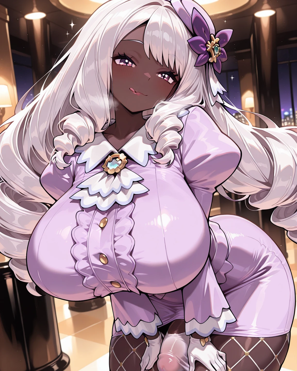 mature female, mom, milf, 40 year old woman, ((bimbo))), ((very dark skin)), elf ears, black and purple hair, gradient hair, very long hair, big ponytail, side locks, hair over one eye, purple eyes, (((thick lips:1.2))), (((puffy lips))), puckered lips, smile, parted lips, makeup, dark red lips, thick eyeliner, eyeshadow, tall, slim waist, (((wide ))), (((huge thighs:1.3))), (huge ), ((())), ((cleavage)), navel, tall, oily , (puffy ), white micro , ((lace)), white thighighs, garter belts, , white arm gloves, (big hoop earrings), choker, indoors, mansion, big windows, hallway, beach,  pose, hip and thigh focus, oily , realistic lighting, head tilt, hip tilt, [long painted nails],