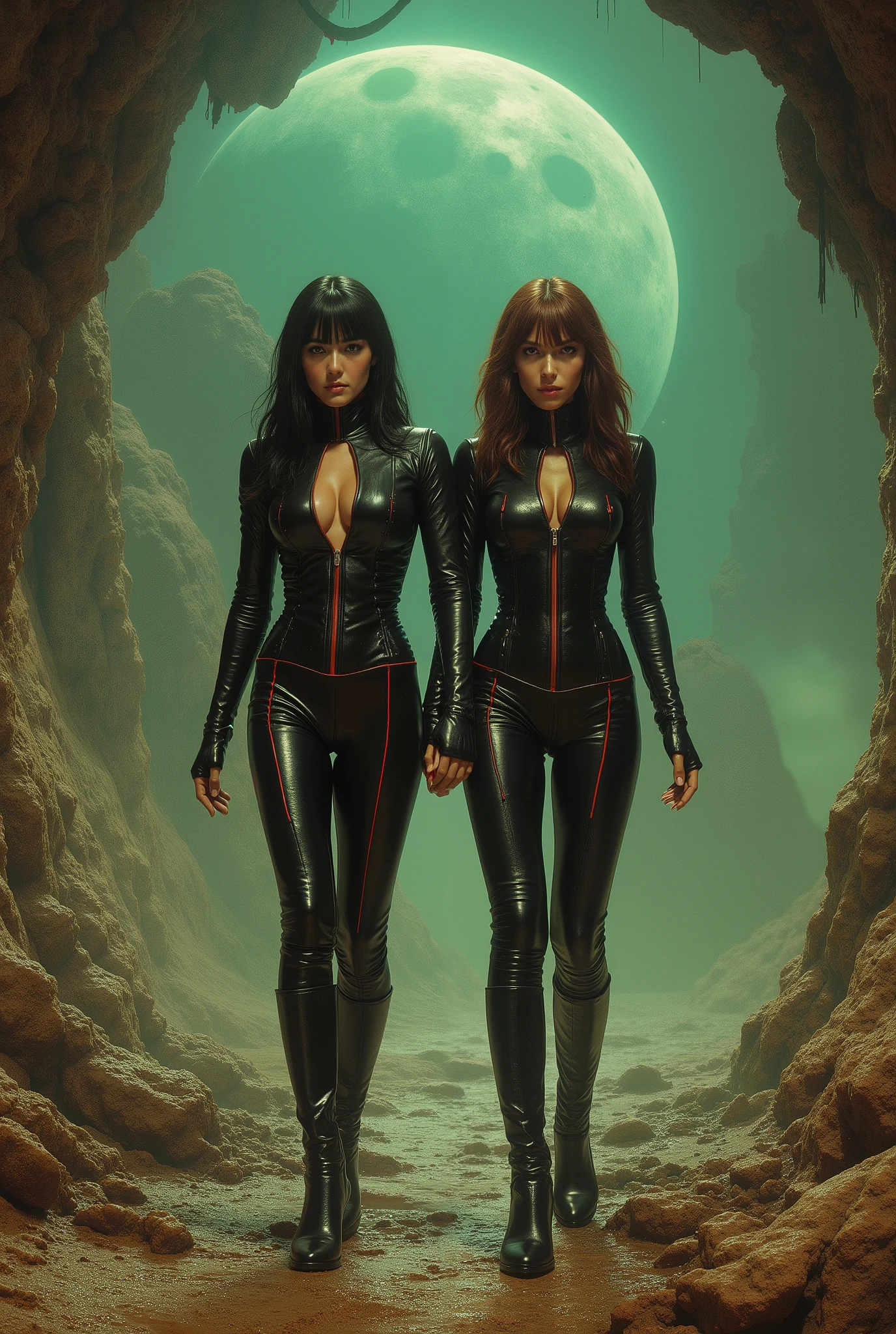 two space girls stepping off a spaceship on to an alien world, dressed like Italian sci-fi girls from the '60s, black leather space suits, red trim, and zippers, tight, revealing, the planet is shrouded in fog and lit like the Mario Bava film Planet of the Vampires, very retro, different hair colors on the women, one has black hair, one has red, etc., statuesque physiques, -- lurid vivid colors, retro 60s sci-fi horror movie aesthetic, bloody, gory, scary, movie poster vibe, bold colors, detailed, erotic, NSFW, lurid and vivid colors, detailed, intricate, gouache paints, European fumetto style, Frazetta, Mort Künstler, Basil Gogos, Graham "Ghastly" Ingels, volumetric lighting, classic horror comic aesthetic, Muted colors, high-contrast, sepia tones, chiaroscuro lighting, grainy texture, Dutch angles, low-key lighting, deep shadows, wide shots, voyeuristic framing, retro mise-en-scène, noir palette, Giallo vibrancy, smoky ambiance, cinematic composition, detailed, intricate, medium contrast, murky red and green back lighting, volumetric lighting, Frazetta, James Bama, Jim Steranko, Bernie Wrightson, lurid and vivid, NSFW, perfect anatomy, masterpiece, HD, 8x, "anatomically correct human" "realistic proportions" "natural human pose" "full figure, accurate anatomy" "correct fingers and joints" --"1970s Giallo cinema, moody lighting, chiaroscuro, Italian pulp comic color palette, saturated reds and greens, film grain, foggy lens, dramatic shadows, unnatural angles,
Waiting to start
