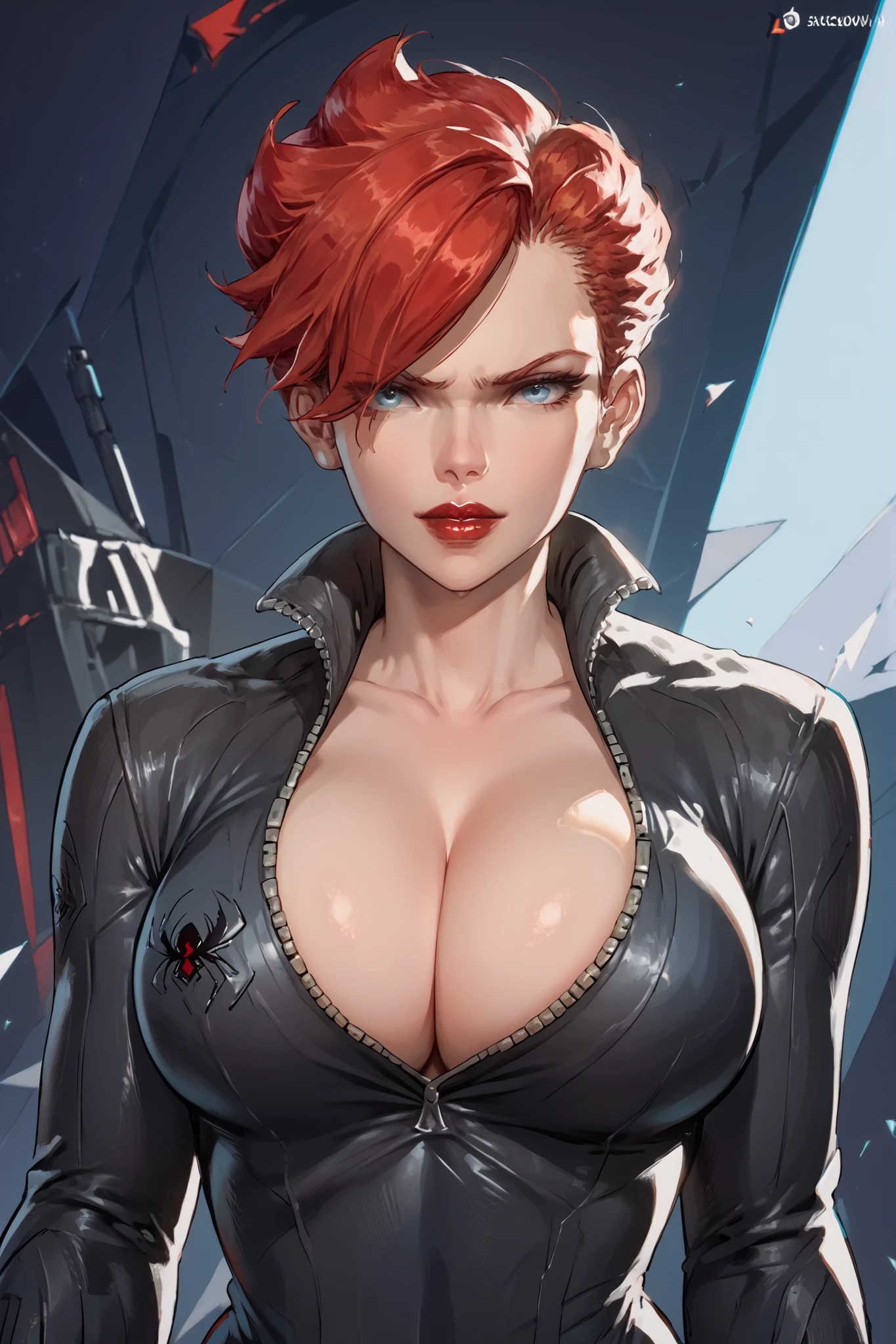 woman, red hair, blue eyes, white skin, big breasts, red lipstick, anime style, black widow, Black Widow, front view, big breasts, deep cleavage, sci fi arena background , black suit, long black hair 