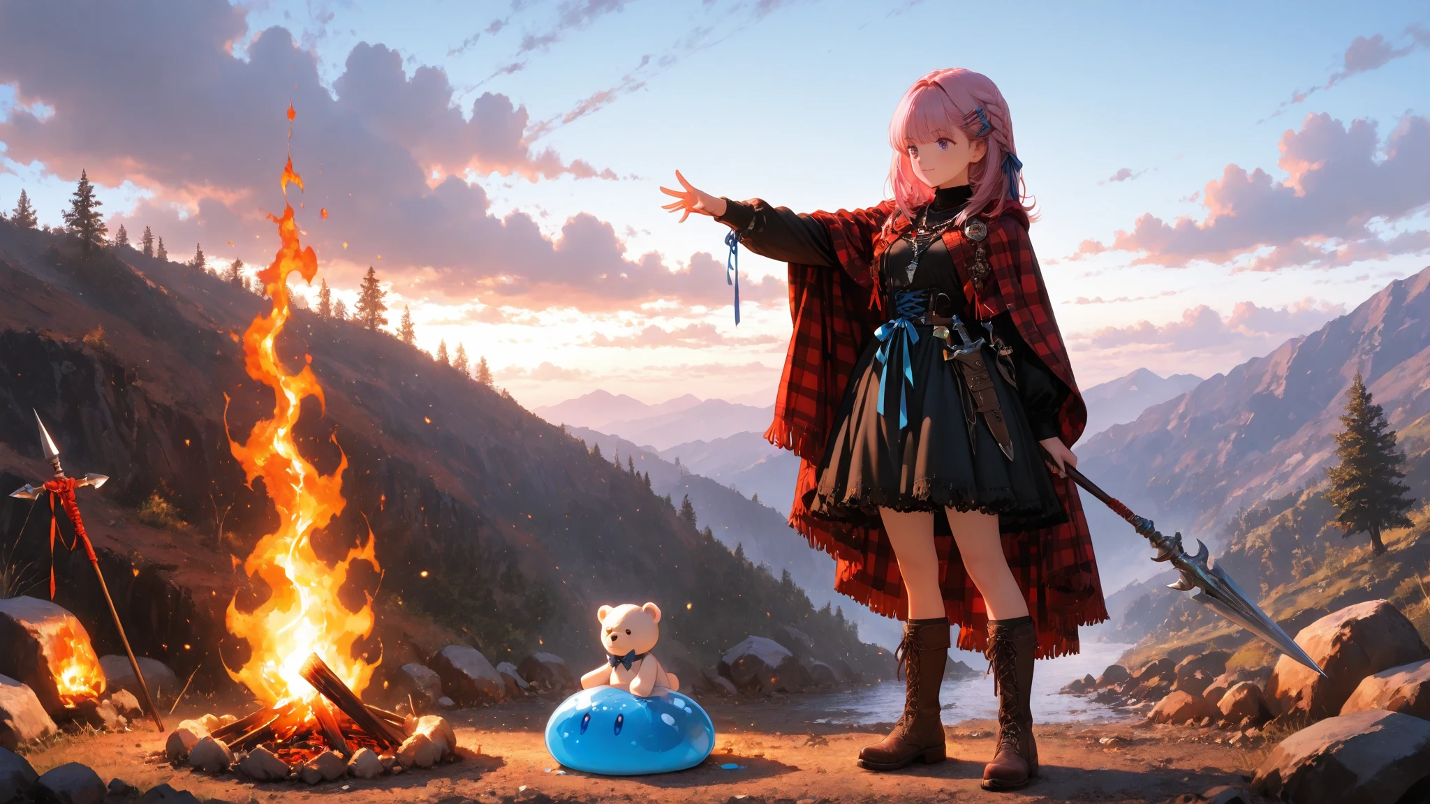 Super Detailed Depiction, Vivid Details, Perfect resolution, Yoshizuki iori, pink hair, Braided Hair, Ribbons Hair Accessories, cute hairpins, Delicate Necklace, small earrings, Iron Mace, Practical Adventurer's Belt, Gear with Multiple Pouches, Durable Leather Boots with Ribbons, Plaid Cloak, Practical Short Spear Held in the Right Hand, Sharp Spear Tip and Decorated Handle, Exquisitely Carved Spear Scabbard, Dagger hanging from the waist, Sharp Blade in a Scabbard, White Teddy Bear with a Ribbon Peeking Out of a Backpack, Village Exit where the sun shines in, Road Wrapped in Morning Mist, Adventure Path Seen in the Distance, sunrise sky, Feeling of elation of departure, expression full of anticipation, prairie wet with morning dew, A Scene Showing the Beginning of a New Adventure