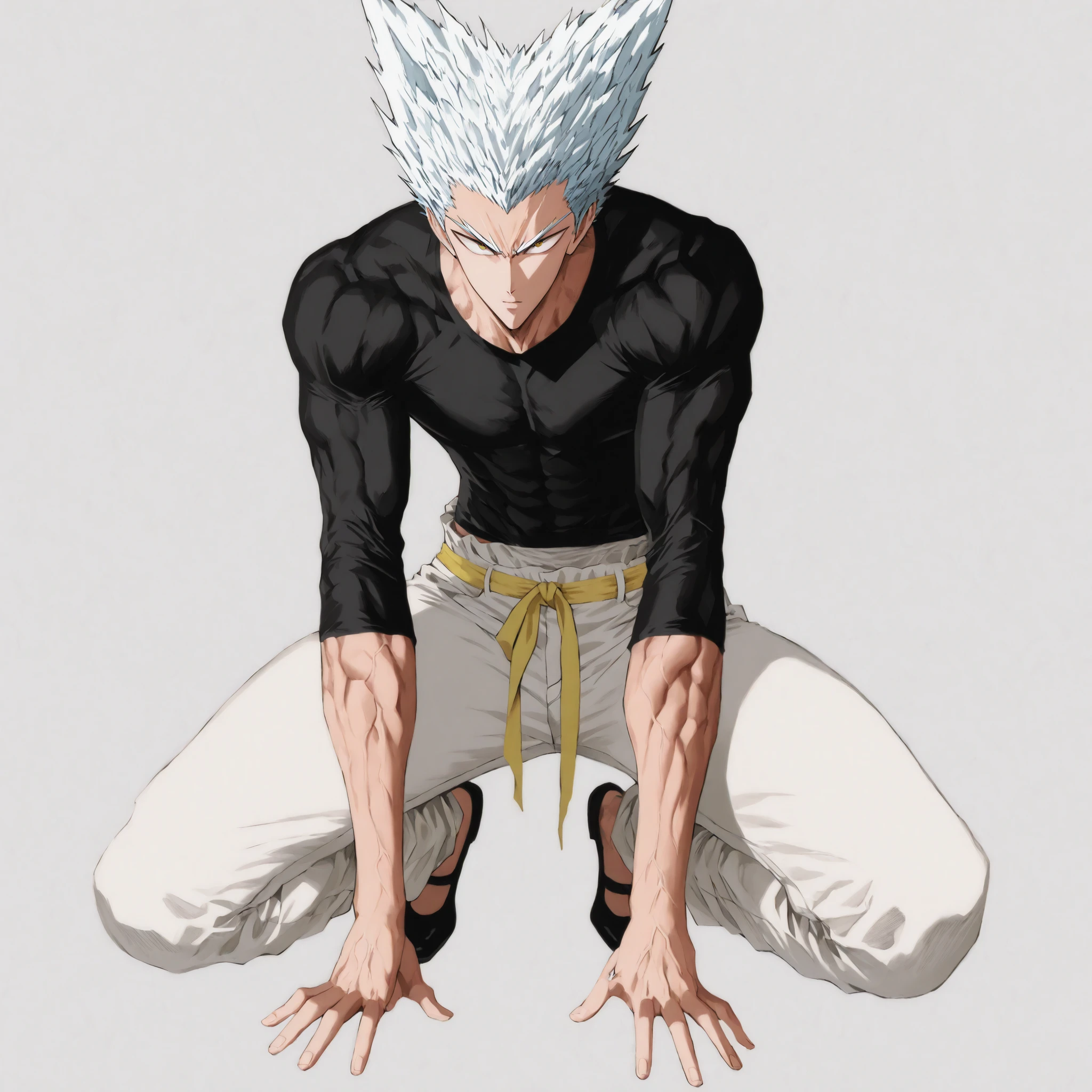  one person , man [Garou from the One Punch Man series]. black little bow seamless ballet flat shoes. white jogger pants. with thick yellow straps tied around the waist. tight black long sleeve t-shirt. yellow eyes. neat white hair,  Subtle Color Changes , short hair length.  young man. is handsome and clean. illustration referring to Murata's painting style and fan art. clear and delicate expression, anime character. high quality anime art style, Fair skin texture, perfect configuration. soft tone that grabs the thigh, detailed fan art, Full Color Illustration, Clean Line Drawing and Color, excellent character design,  dramatic contrast , masterpieces, top quality underneath, super high resolution, UHD, intricate details, very fine and neat muscle arrangement, accurate muscle position [Command execution].