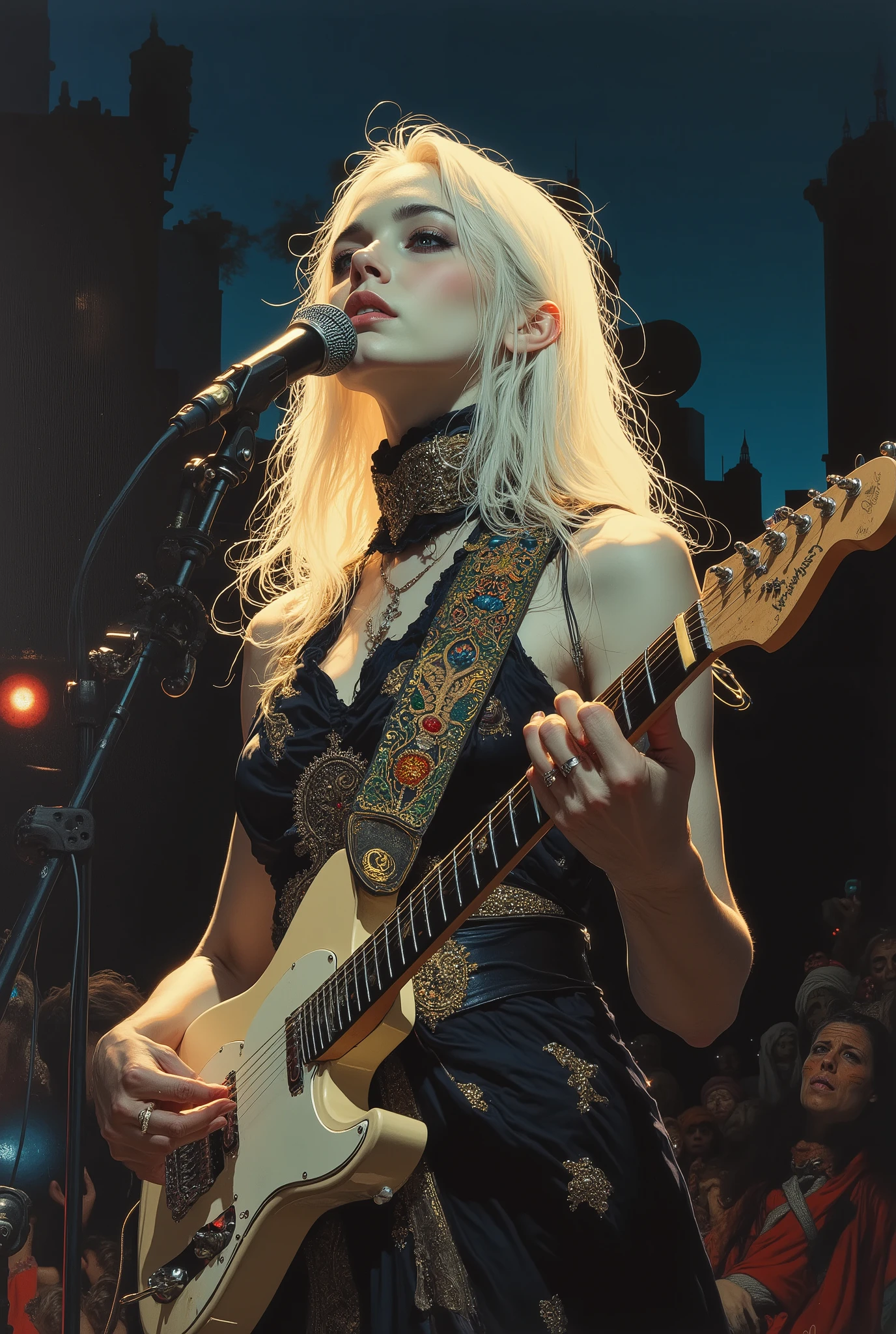 anatomically accurate,(( Bartolomé Murillo)) ((Cyberpunk's)), unique , On an outdoor stage at night , Mr.々natural lighting(lighting), blonde long, ((バルtoloメ・エステバン・ムリーリョMr.式)), darkness,SF, ((Highest Quality, masterpiece)), (More Rights , 高details), 8,000,Canvas Oil Painting Her White Skin、Glowing Softly,anatomically accurate, extraordinary beauty . sexy((Highest Quality)), ((masterpiece)), ( details),two female persons, guitarist & vocalist , ,30yers old, beauty, information(masterpiece, Best Quality, bst quality, Official Art, beautiful and aesthetic :1.2), ( 1 girl), Extremely Detailed ,( Fractal Art :1.3),colorful, Best details, Alphonse Mucha , black Hair, blue Eyes 、zodiac, Elegance, clear, Elegant, playing a fender electric guitar , slim legs, super high angle, These women wear sexy dresses. anatomically accurate, no Grotesque, Elaborate and artistic in every detail, Elimination of religious elements, Anatomically correct number of fingers, Do not expose breasts,