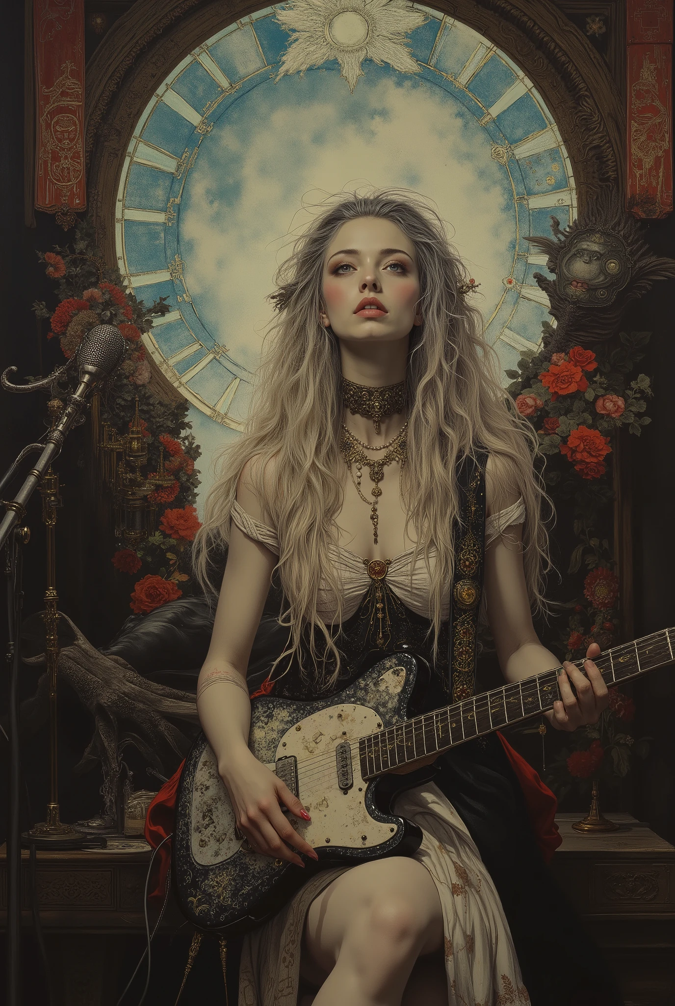 anatomically accurate,(( Bartolomé Murillo)) ((Cyberpunk's)), unique , Recording in a music studio , blonde long, ((Bartolome Esteban Murillo Style)), darkness,SF, ((Highest Quality, masterpiece)), (More Rights , 高details), 8,000,Canvas Oil Painting Her White Skin、Glowing Softly,anatomically accurate, extraordinary beauty . sexy((Highest Quality)), ((masterpiece)), ( details),two female persons, guitarist & vocalist , ,30yers old, beauty, information(masterpiece, Best Quality, bst quality, Official Art, beautiful and aesthetic :1.2), ( 1 girl), Extremely Detailed ,( Fractal Art :1.3),colorful, Best details, Alphonse Mucha , black Hair, blue Eyes 、zodiac, Elegance, clear, Elegant, playing a fender electric guitar , slim legs, super high angle, These women wear sexy dresses. anatomically accurate, no Grotesque, Elaborate and artistic in every detail, Elimination of religious elements, Anatomically correct number of fingers, Do not expose breasts,