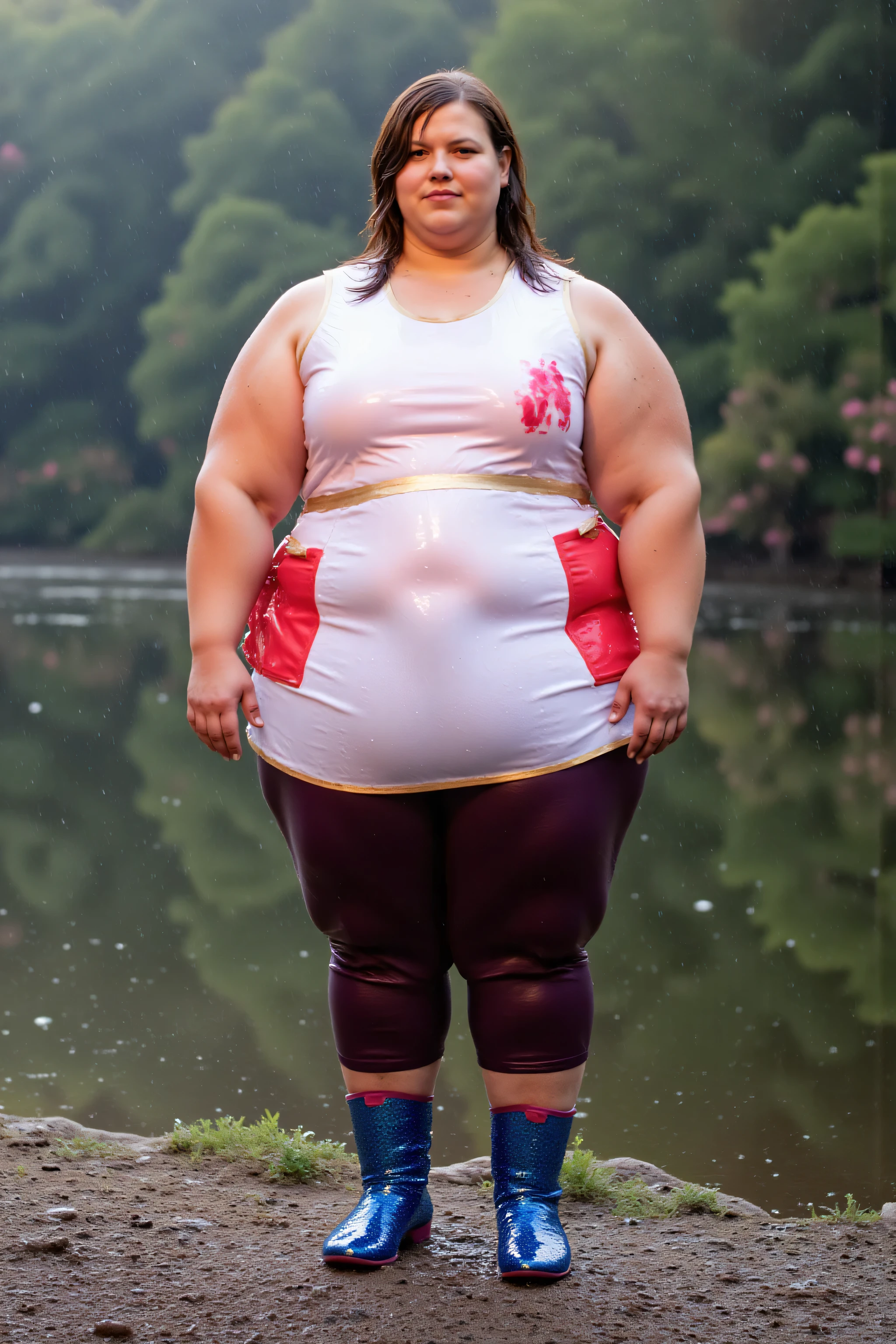 a remarkably large plus-size woman with large arms thick legs and a big belly, wearing a shiny polished white and pink lead apron with red pockets, the apron has a shiny gold belt at the hips, the woman wears dark purple shiny polished leather pants, the woman is wearing sparkling blue and pink boots made of sequins, the woman stands at the side of a lake at sunset in a forest, trees with pink roses, a light fog and rain, her body and clothing have light water droplets on them water_droplet_effect