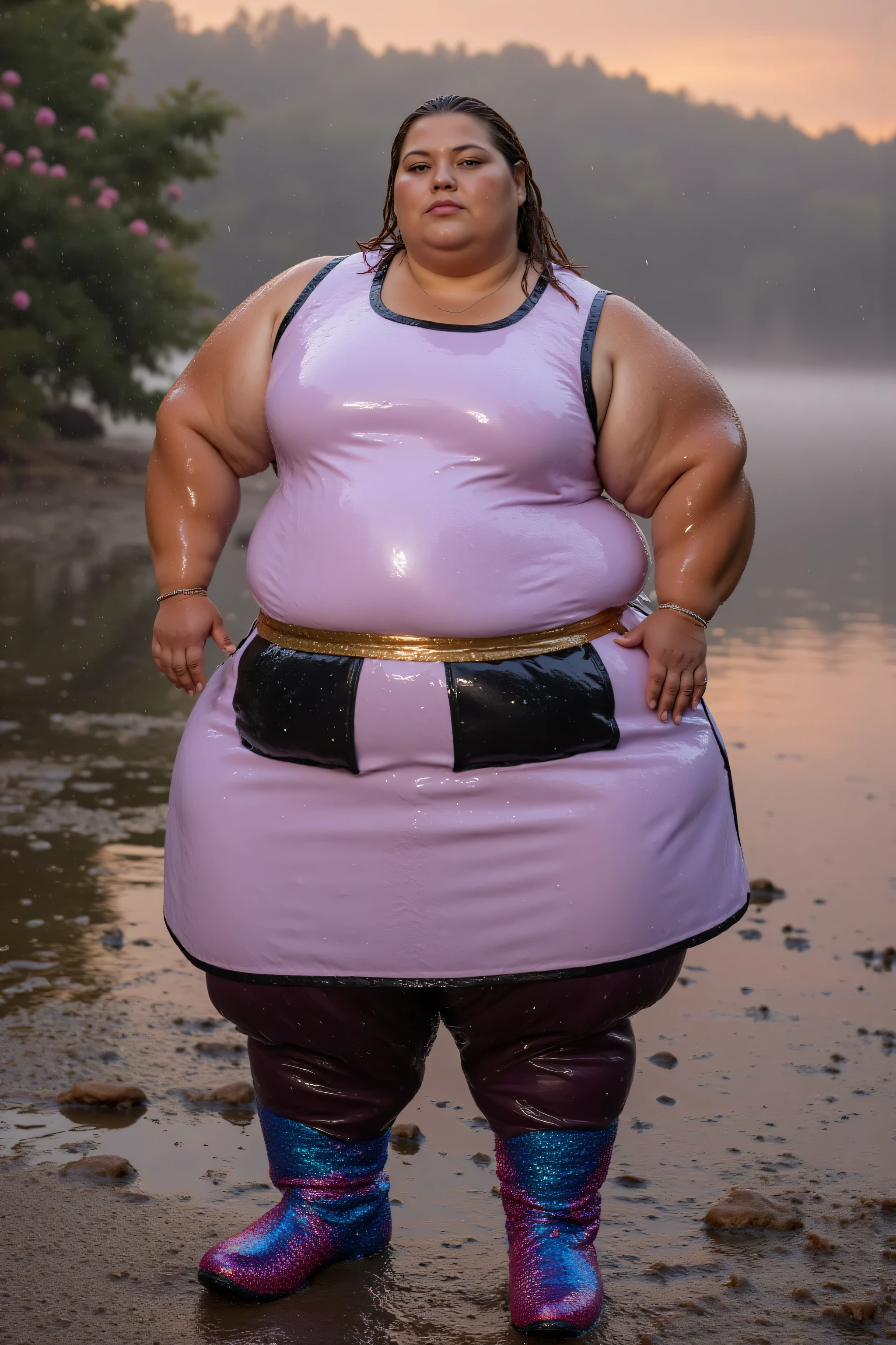a remarkably large plus-size woman with large arms thick legs and a big belly, wearing a heavy thickly padded shiny polished white and pink lead apron with black pockets, the apron has a wide shiny gold belt at the hips, the woman wears dark purple shiny polished leather pants, the woman is wearing sparkling blue and pink boots made of sequins, the woman stands at the side of a lake at sunset in a forest, trees with pink roses, a light fog and rain, her body and clothing have light water droplets on them water_droplet_effect