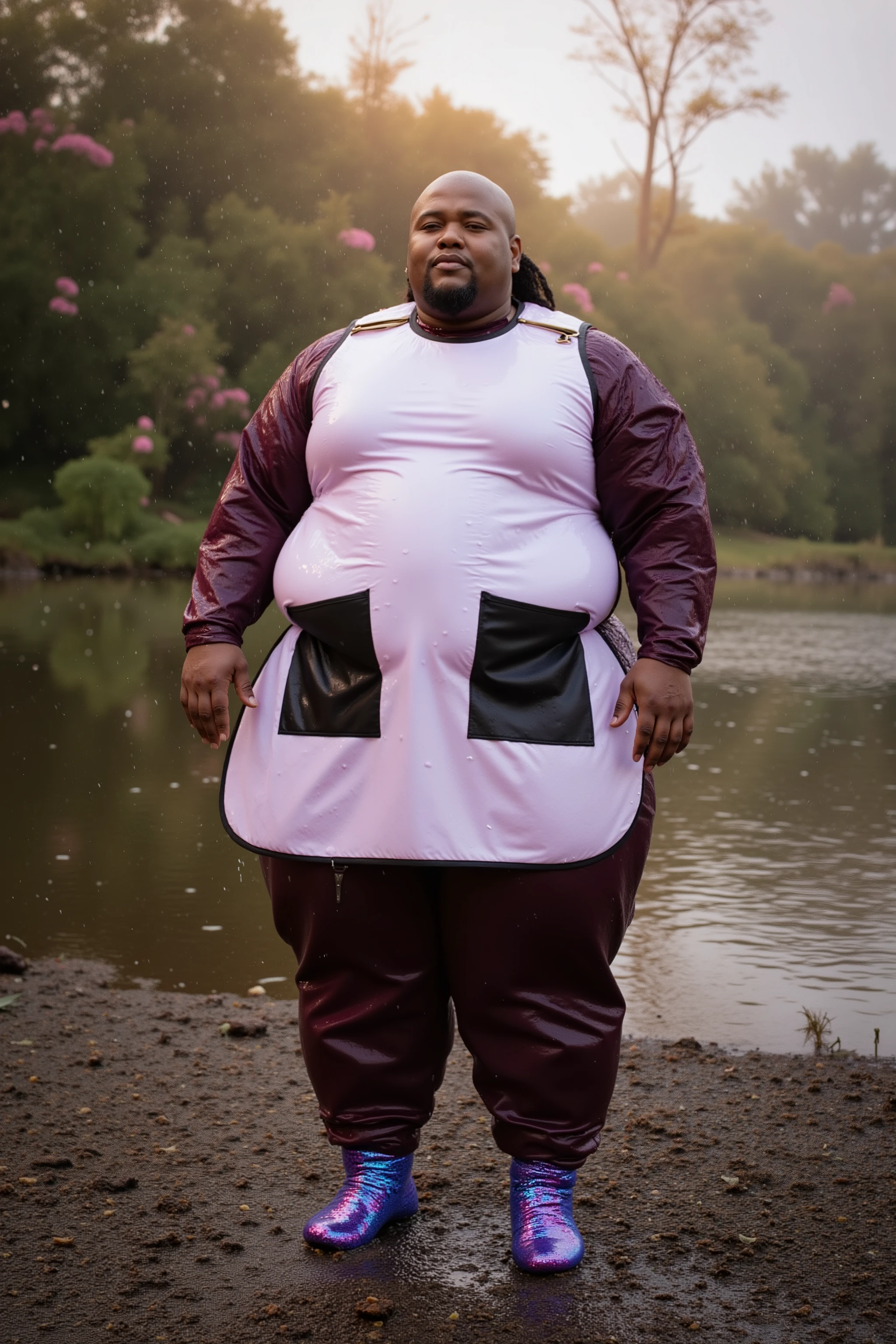 a remarkably large plus-size woman with large arms thick legs and a big belly, wearing a heavy thickly padded shiny polished white and pink lead apron with black pockets, the apron has a wide shiny gold belt at the hips, the woman wears dark purple shiny polished leather pants, the woman is wearing sparkling blue and pink boots made of sequins, the woman stands at the side of a lake at sunset in a forest, trees with pink roses, a light fog and rain, her body and clothing have light water droplets on them water_droplet_effect
