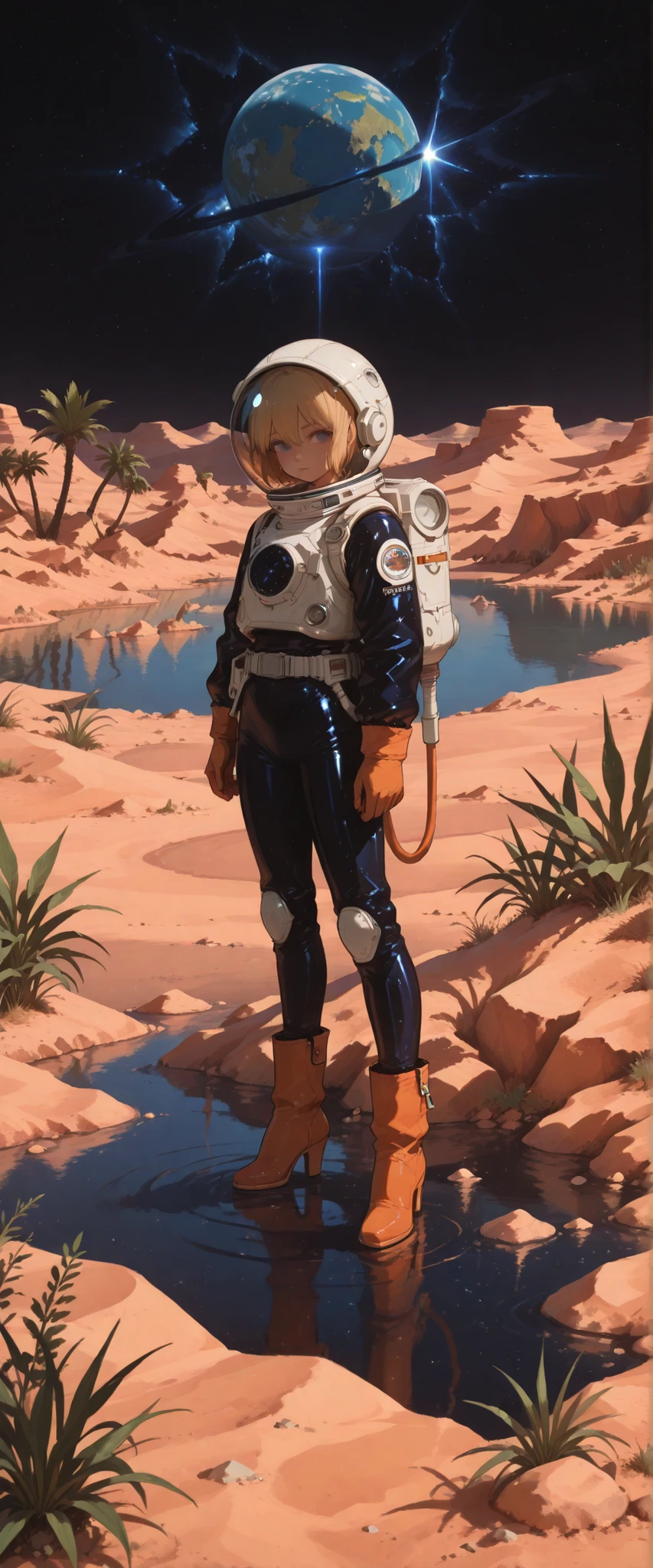 The forgotten planet, young girl in a space suit, high heeled boots, (oasis in the desert, lake, plants, extraterrestrial flowers), strange skies,