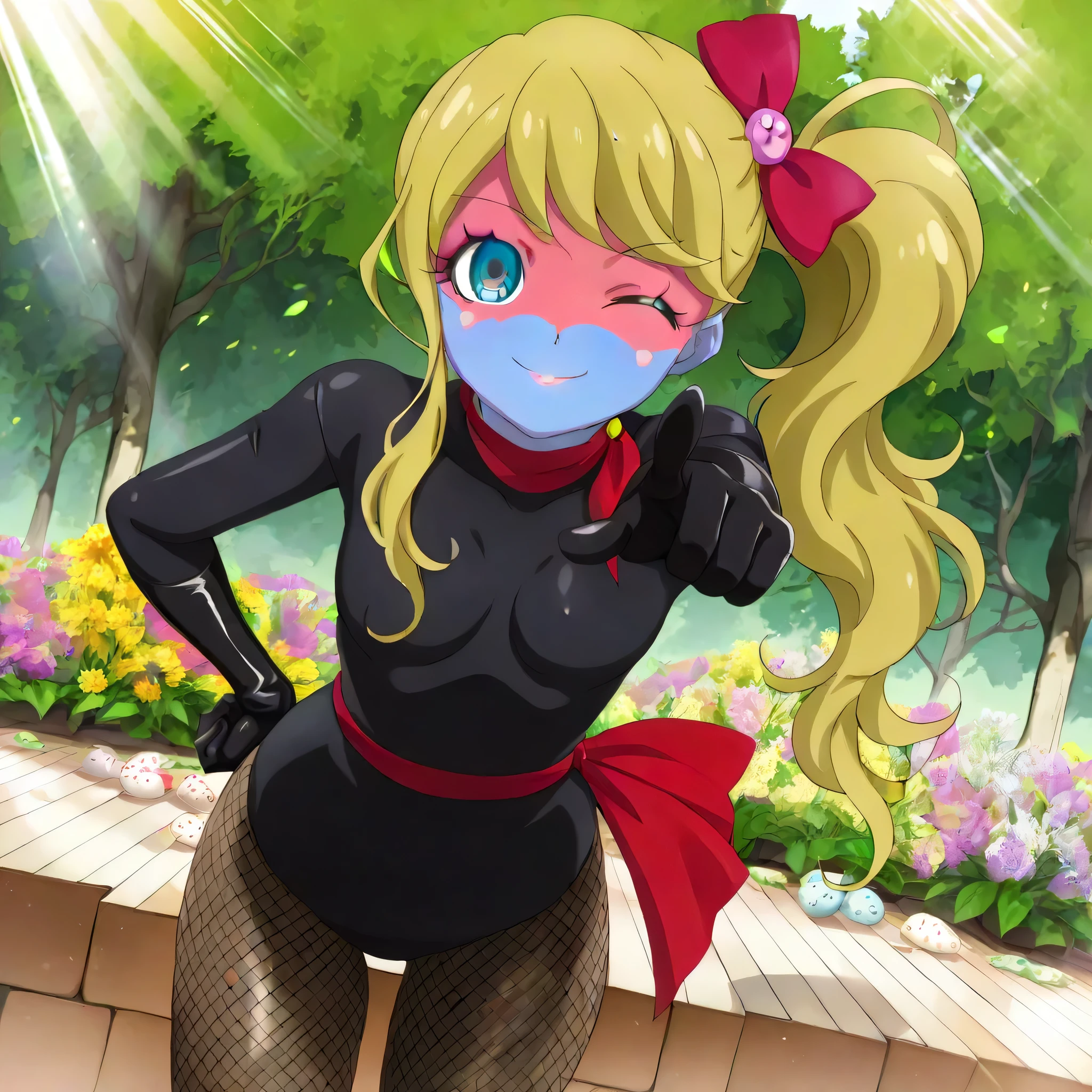 (((Masterpiece))), (((Best Quality))), ((Super Detail)), ultra-High resolution, score_9,score_8_up,score_7_up,score_6_up,score_5_up,score_4_up, BREAK, source_anime, anime screencap, uncensored, Masterpiece, (best shadow), (absurdres), (detailed background), (very aesthetic), detailed beautiful eyes, outstanding, an exquisite animation illustration, curvy, highres, shiny clothing, dark persona, empty eyes, blank eyes, shocker, black leotard, latex elbow gloves, brown fishnet pantyhose, blue skin, colored skin, red sash, makeup, red skin, (((solo, 1girl))), hair ornament,  pose, submissive pose, anime style, anime coloring, animification, megami magazine,  pose, dynamic angle, cinematic angle, dutch angle, small , harukah, hair bow, zzHoshinogawaHaruka, blue eyes, side ponytail, blonde hair, bow, hair bow, jewelry, long hair, smile, cute smile, closed mouth, cute pose, cute, happy, looking at viewer, tilt head, head tilt, egg, dappled light, sunbeam, outdoor, spring, wind, windy, floating hair, leaf, falling leaves, flower, petal, flower petal, wink, , leaning forward, arched back, hand on hip, pointing, pointing at viewer