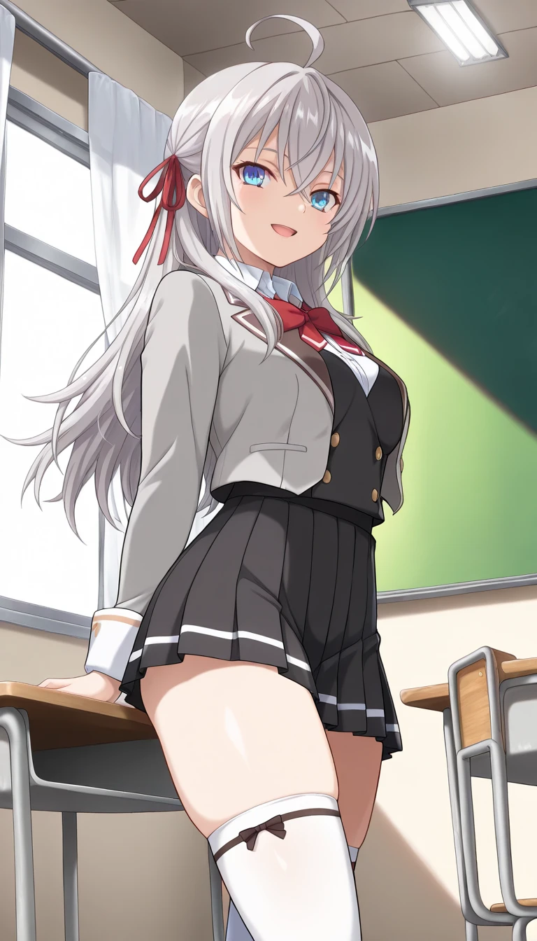 score_9, score_8_up, score_7_up, anime screencap, source_anime, 1girl, BREAK alisamikhailovnakujou, long hair, gray hair, ahoge, crossed bangs, blue eyes, hair ribbon, red ribbon, pale skin, AlyaSchool, short jacket, open jacket, brown jacket, red bow tie, white shirt, black vest, buttons, long sleeves, pleated skirt, black skirt, white thighs, feet, thigh gap, sitting, leaning back, against counter, one leg up, counter, from below, smug, sitting, in a chair, looking at viewer, sunset, classroom, windows, interior, blurred background, detailed close-up, extremely detailed eyes, (black thighs: 1.2), (Beautiful and : 1.2), natural ,